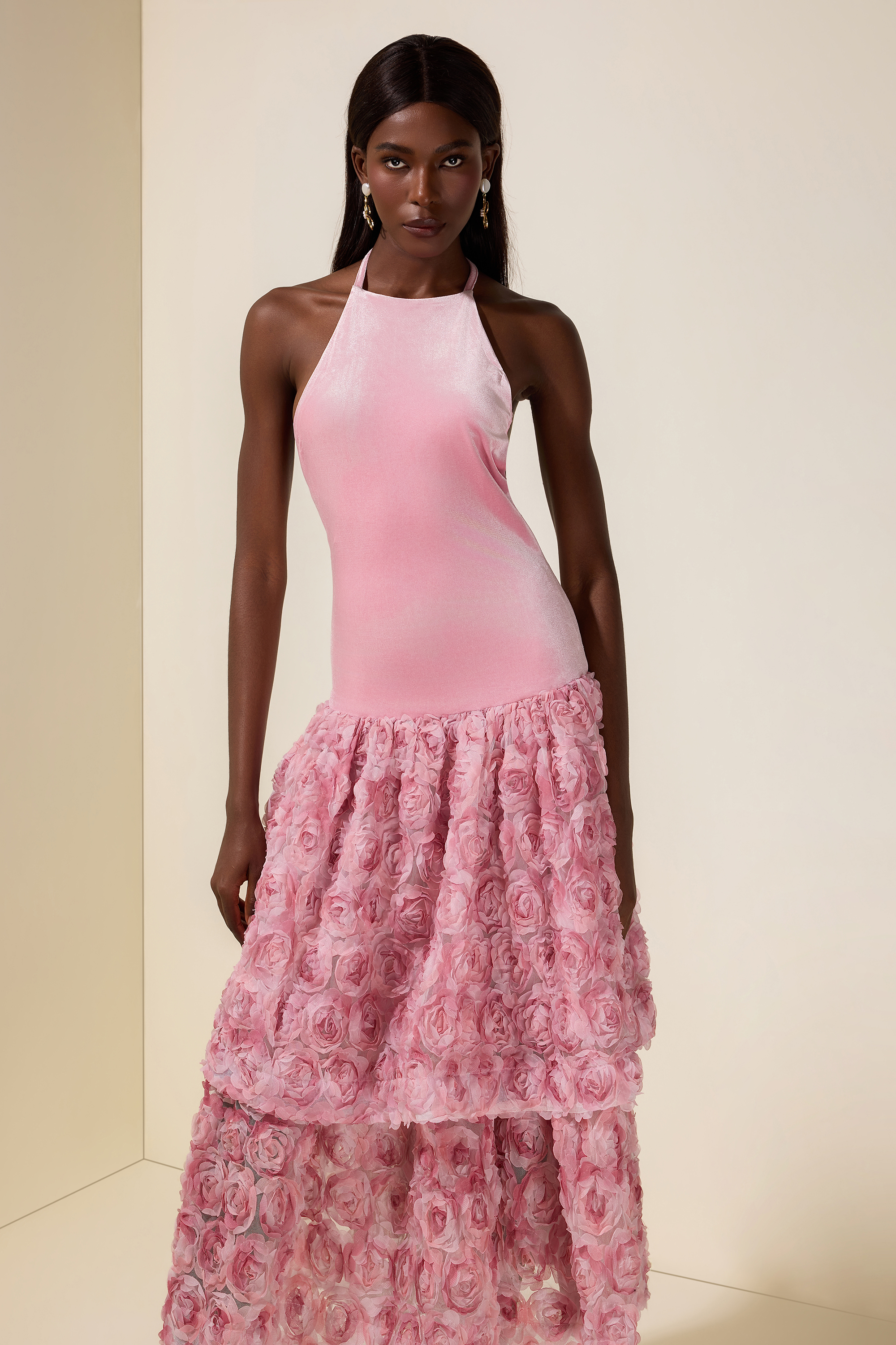 Velvet 3D Flower Halter Neck Midi Dress