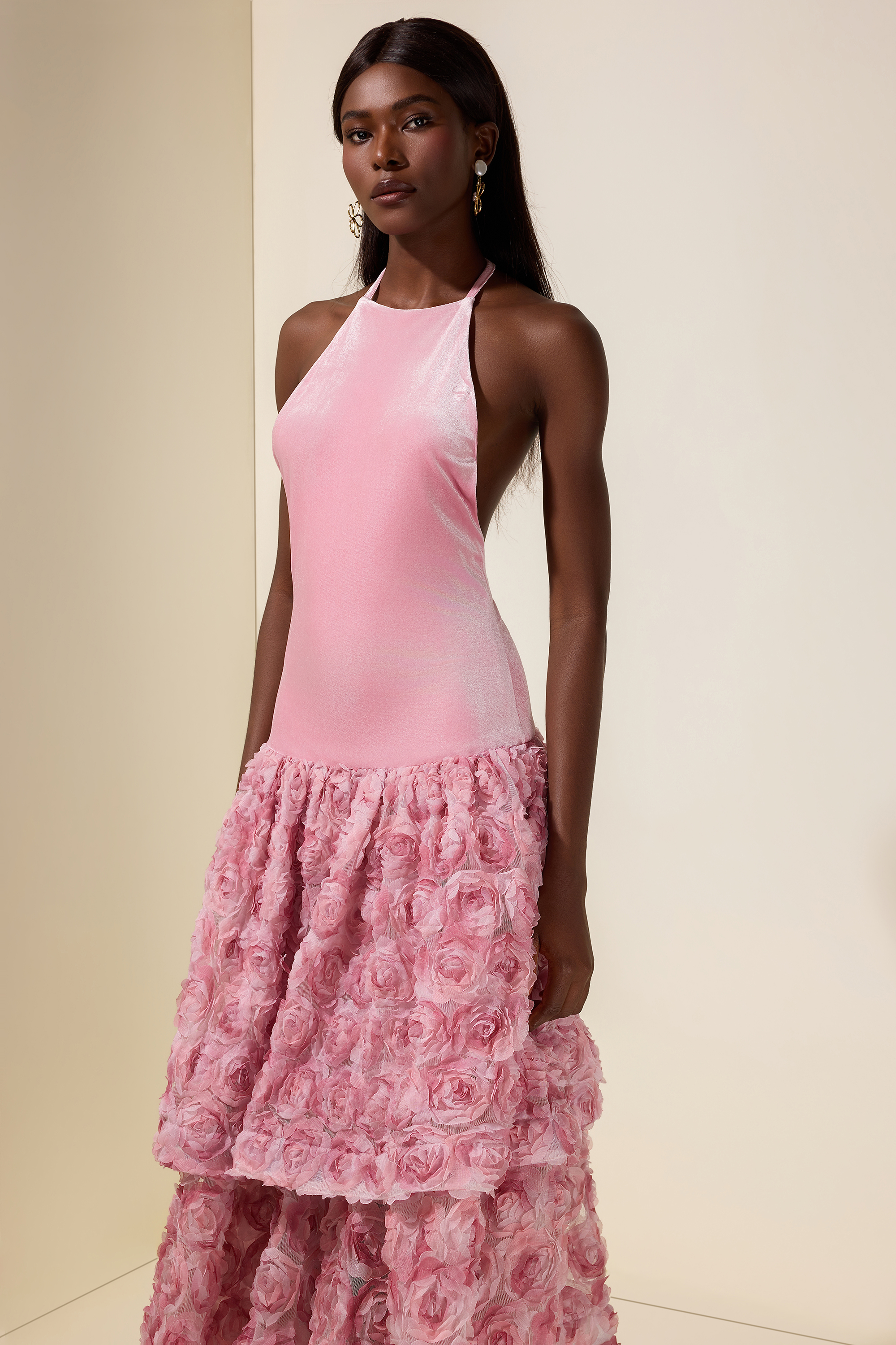 Velvet 3D Flower Halter Neck Midi Dress