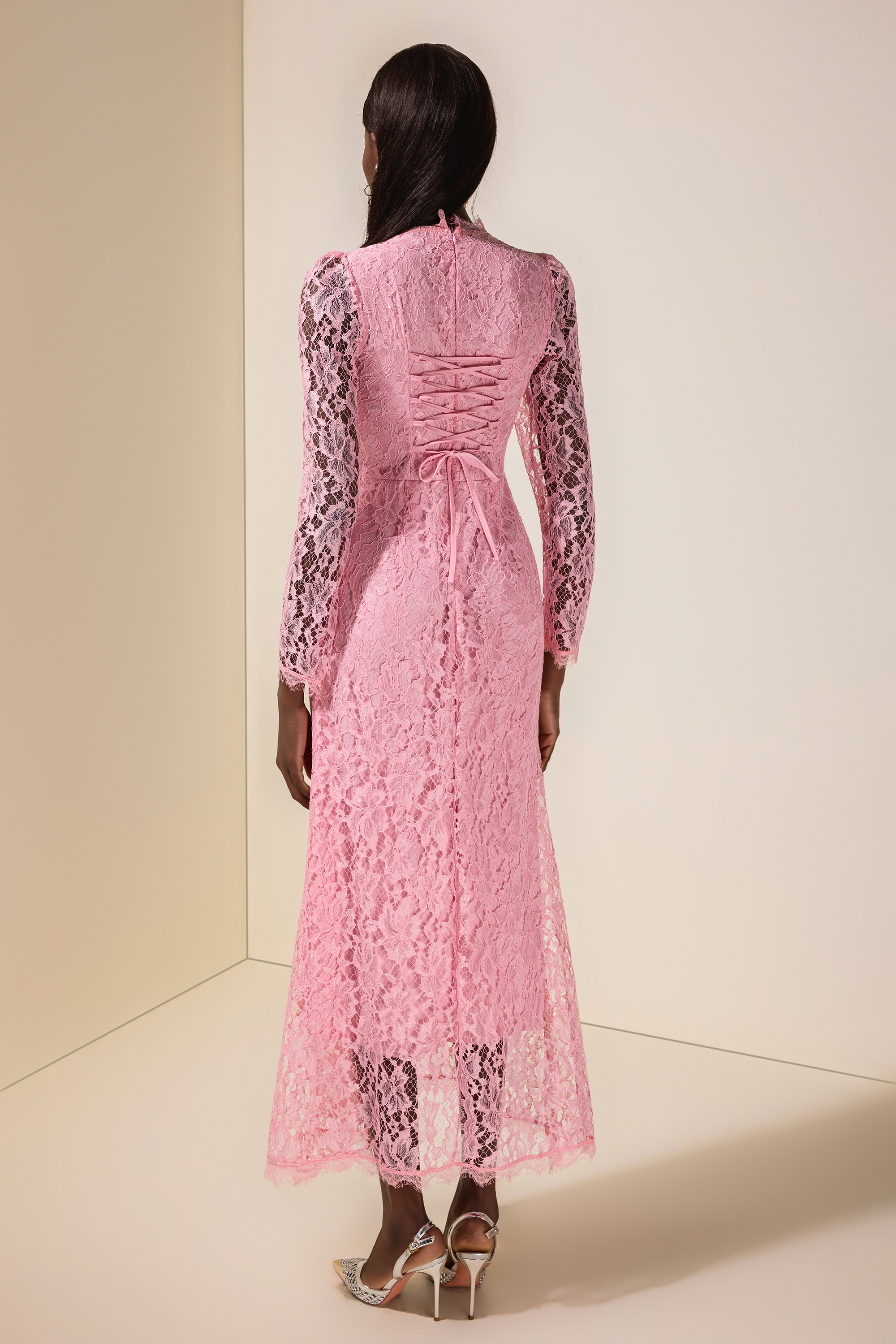 Lace Tie-Up Long Sleeve Midi Dress – JardinVue