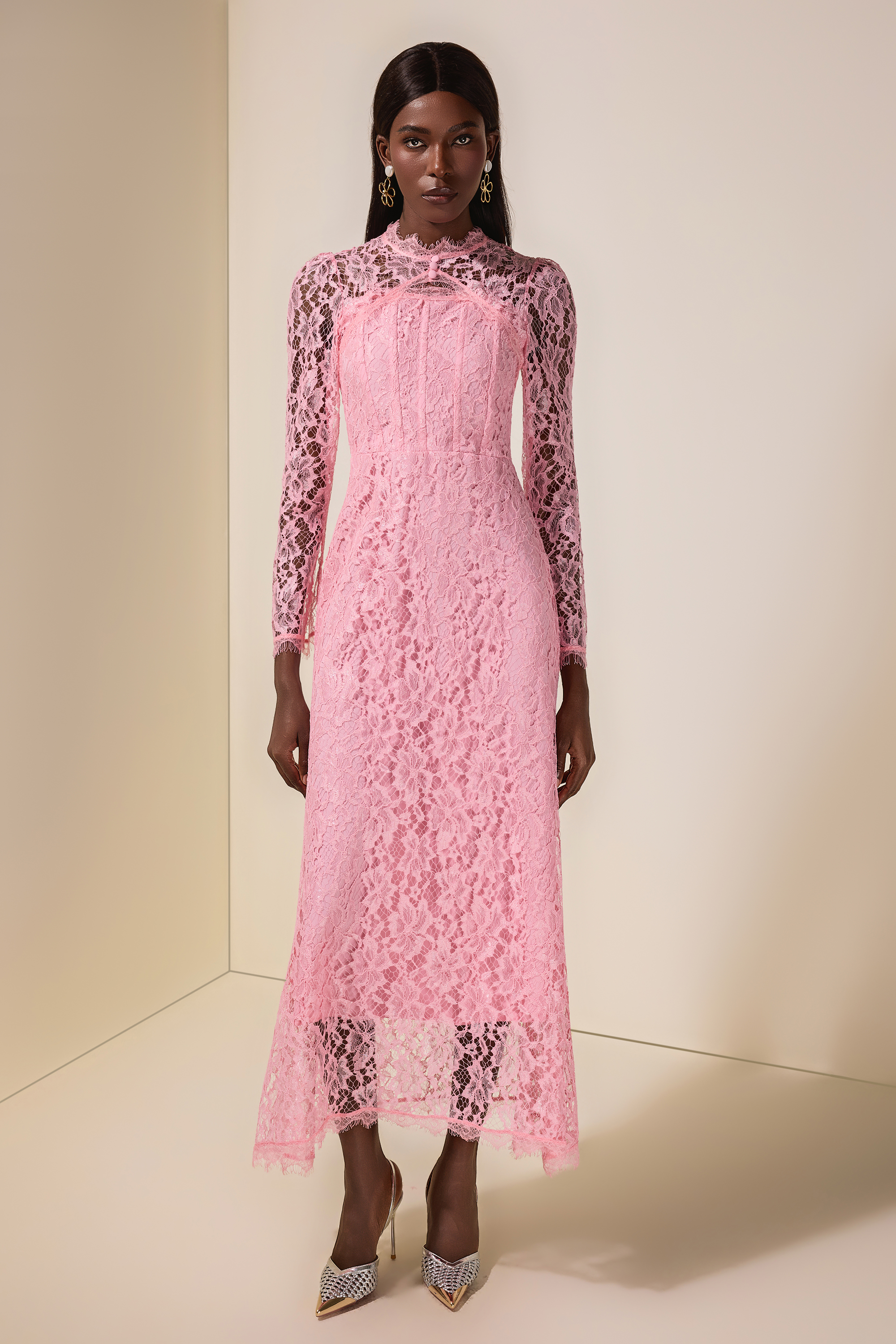 Lace Tie-Up Long Sleeve Midi Dress – JardinVue