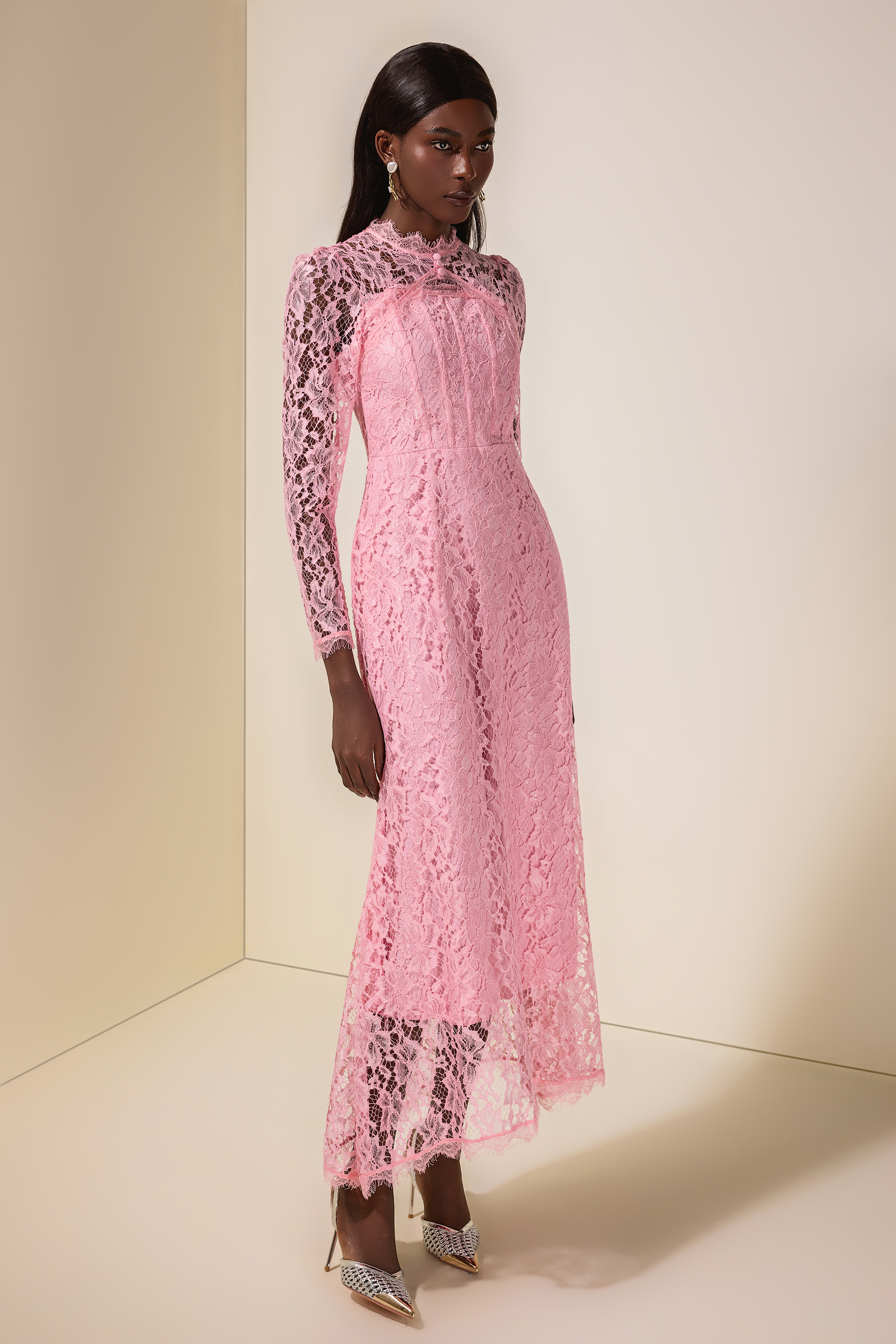 Lace Tie-Up Long Sleeve Maxi Dress
