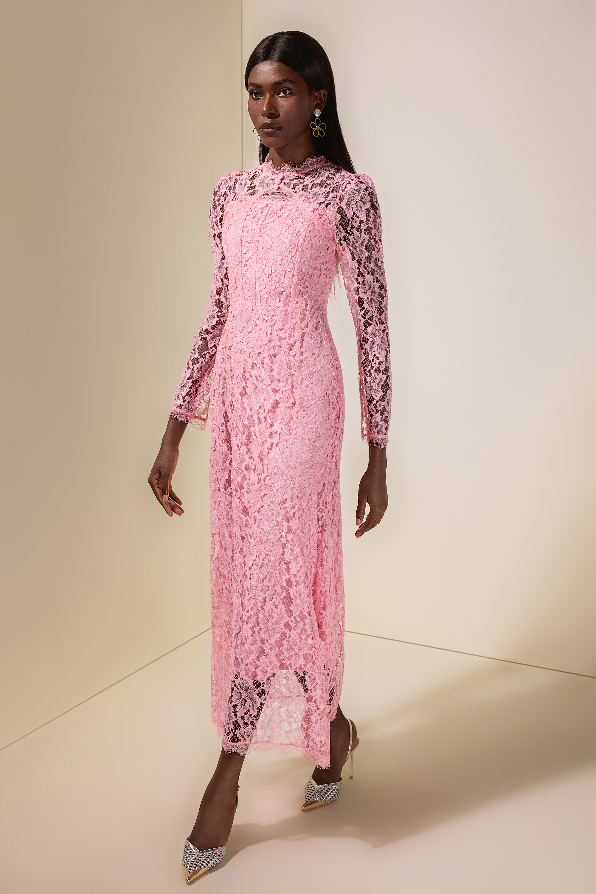 Lace Tie-Up Long Sleeve Maxi Dress