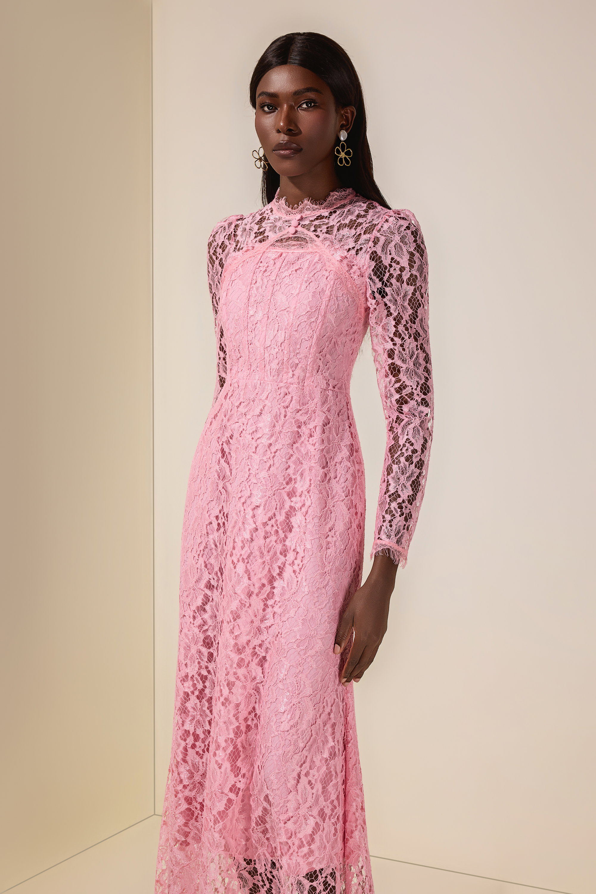 Lace Tie-Up Long Sleeve Maxi Dress
