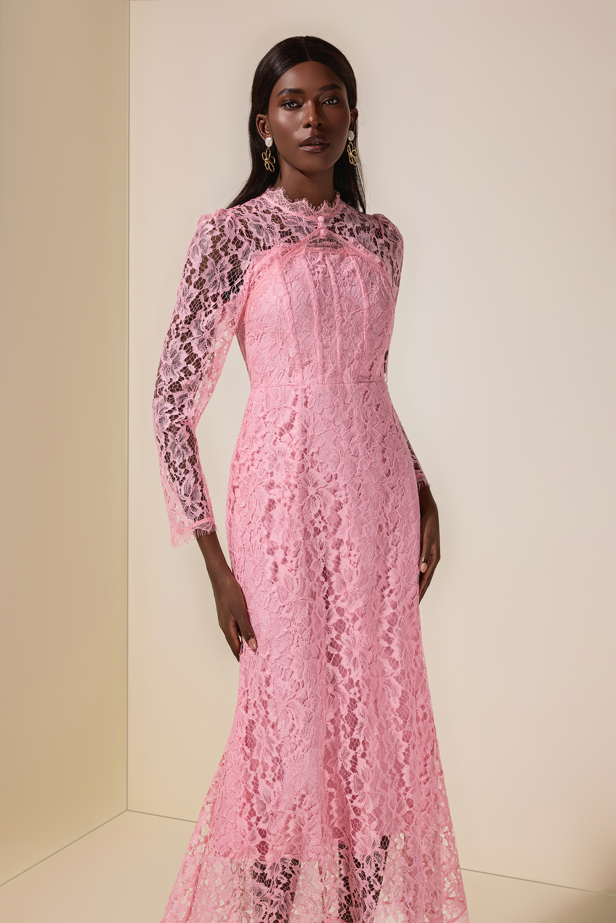 Lace Tie-Up Long Sleeve Maxi Dress