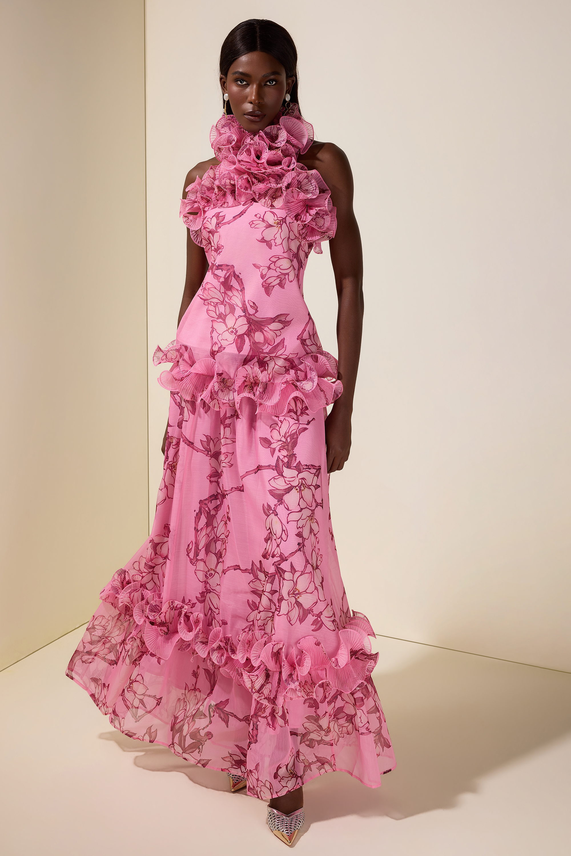 Floral Halter Neck Ruffle Top &  Mid Waist Maxi Skirt Set