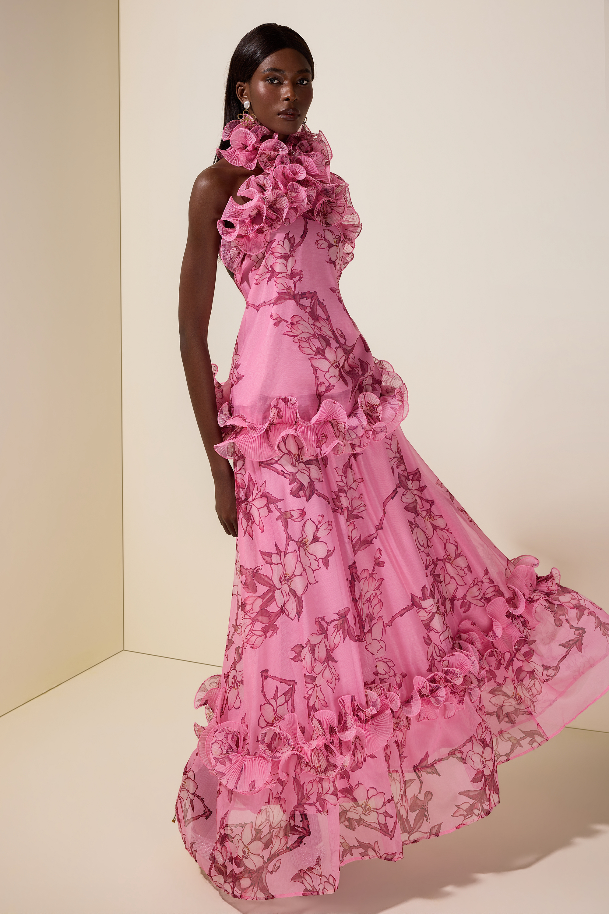 Floral Halter Neck Ruffle Top &  Mid Waist Maxi Skirt Set