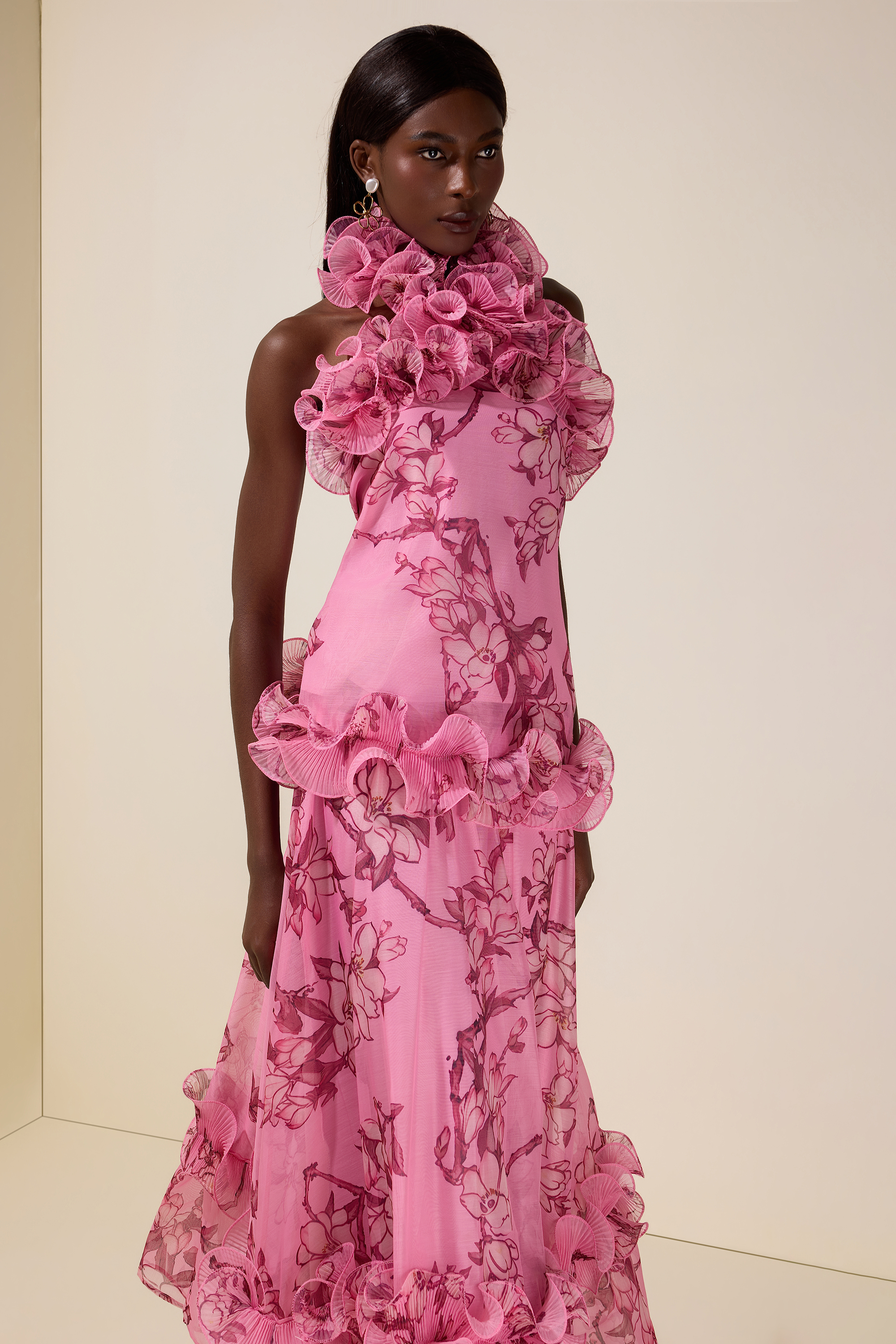 Floral Halter Neck Ruffle Top &  Mid Waist Maxi Skirt Set