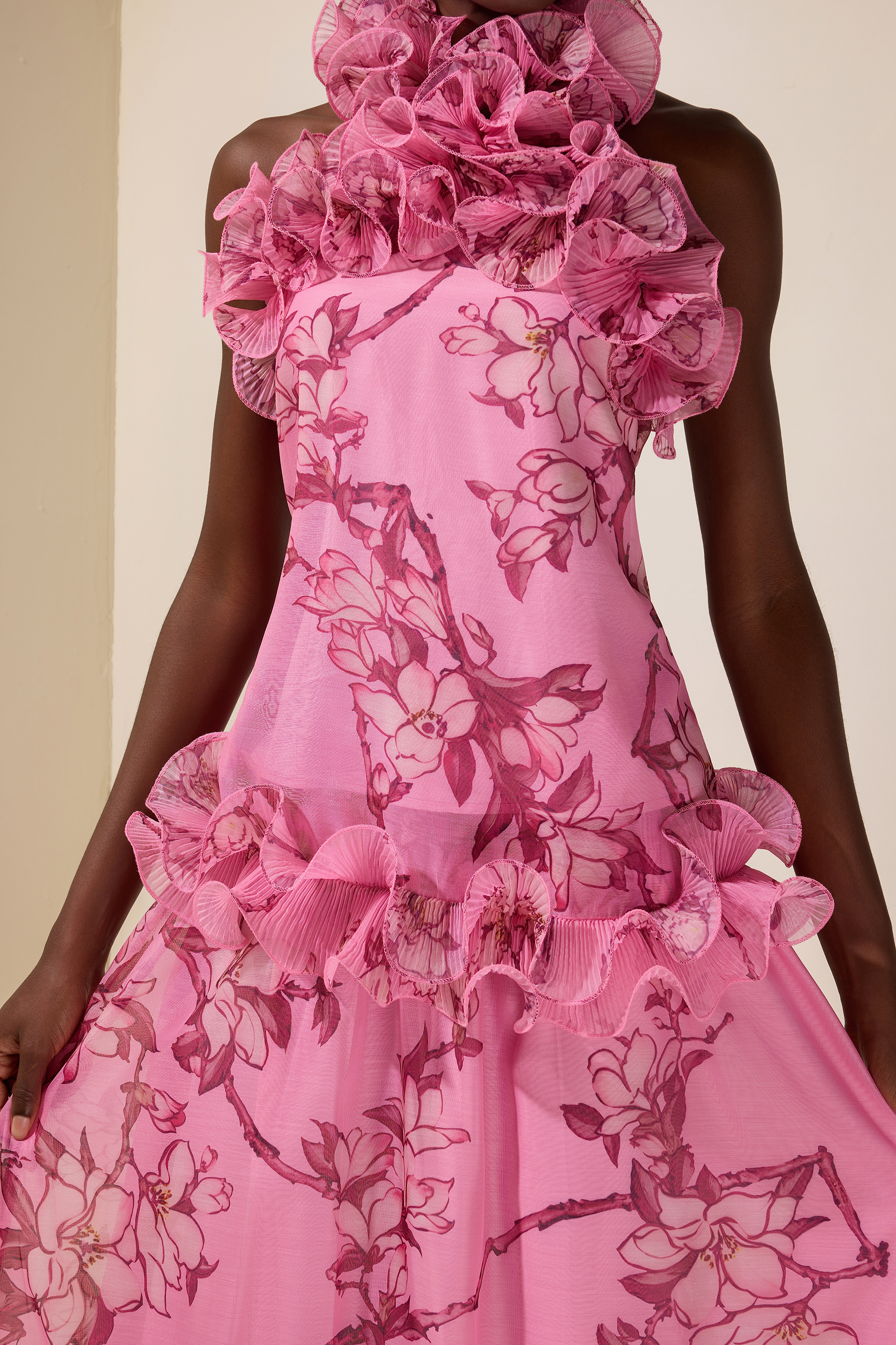 Floral Halter Neck Ruffle Top &  Mid Waist Maxi Skirt Set