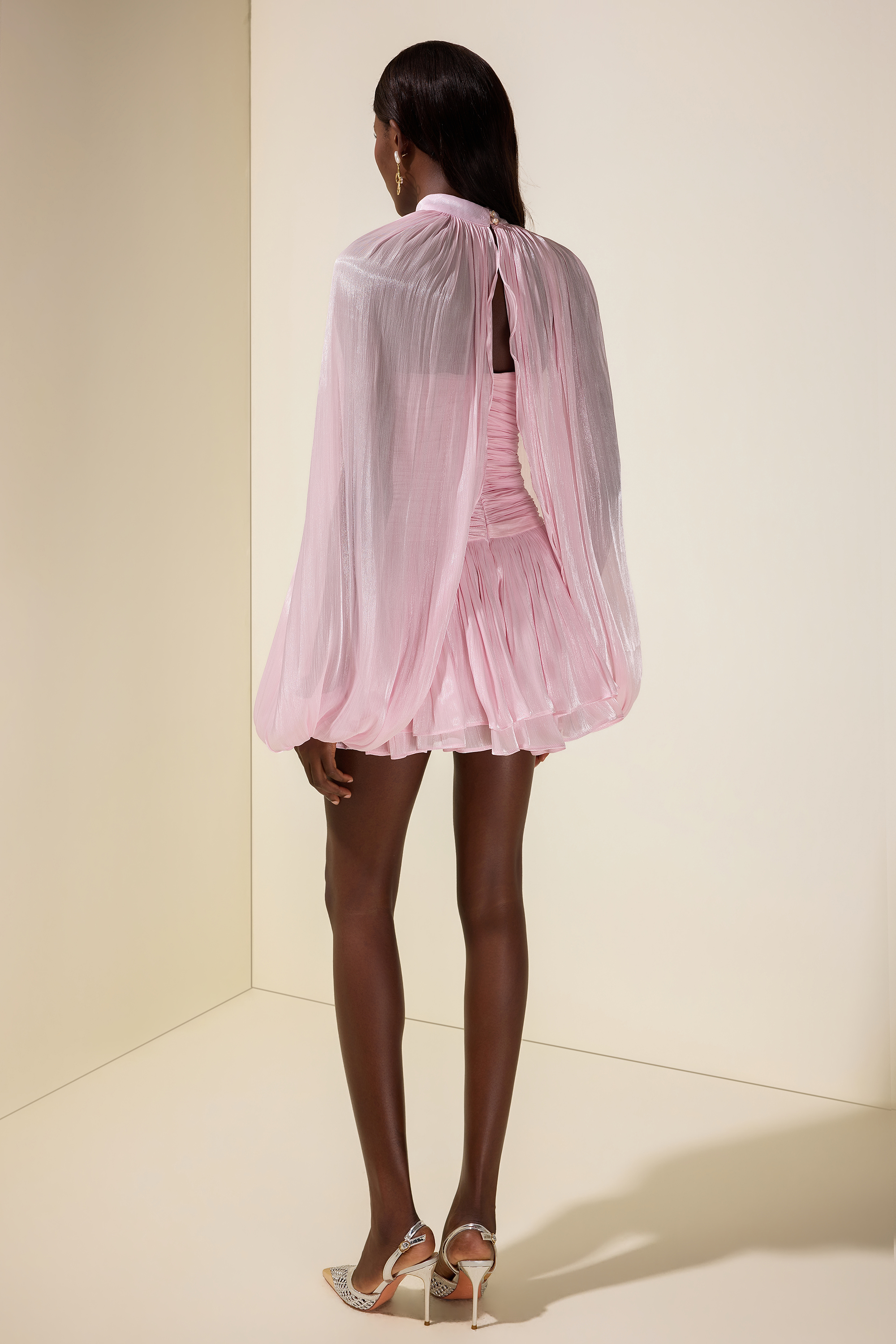 Satin Off-Shoulder Mini Dress With Cape