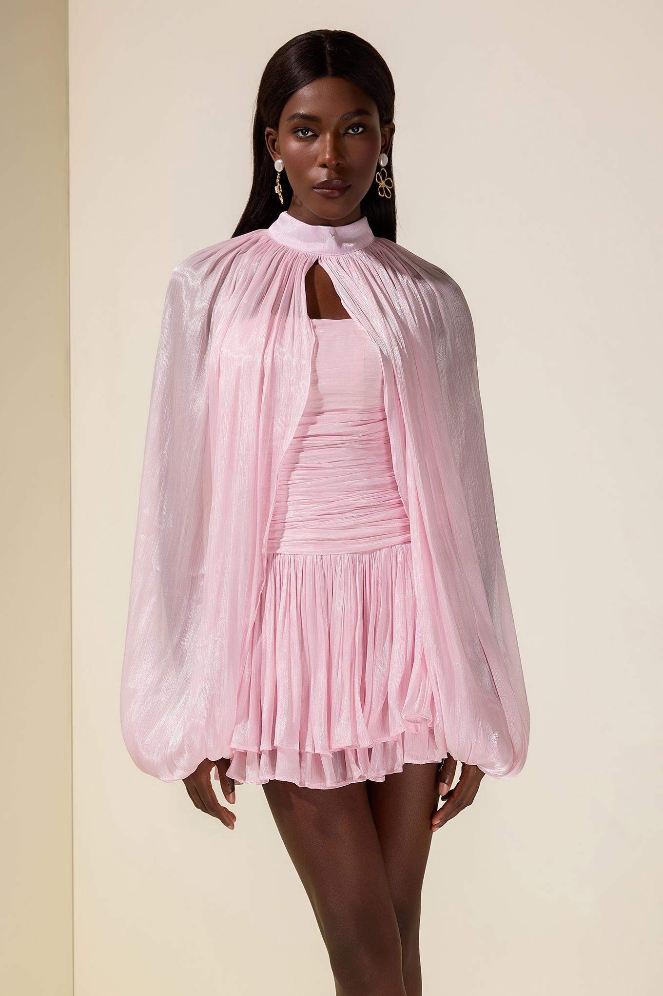 Satin Off-Shoulder Mini Dress With Cape