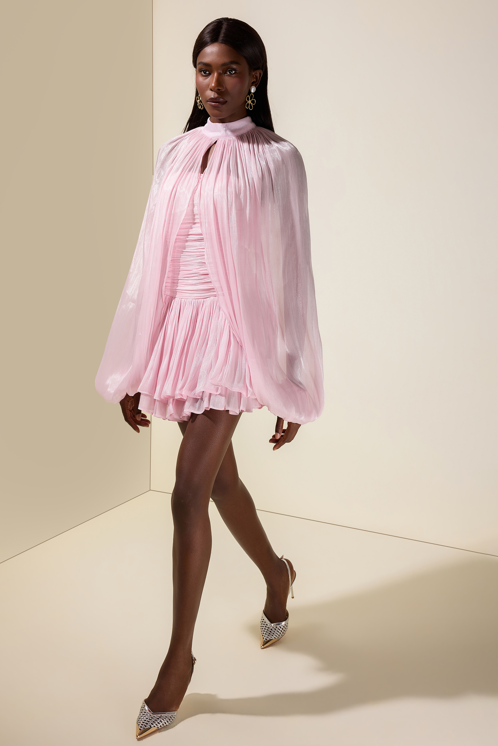 Satin Off-Shoulder Mini Dress With Cape