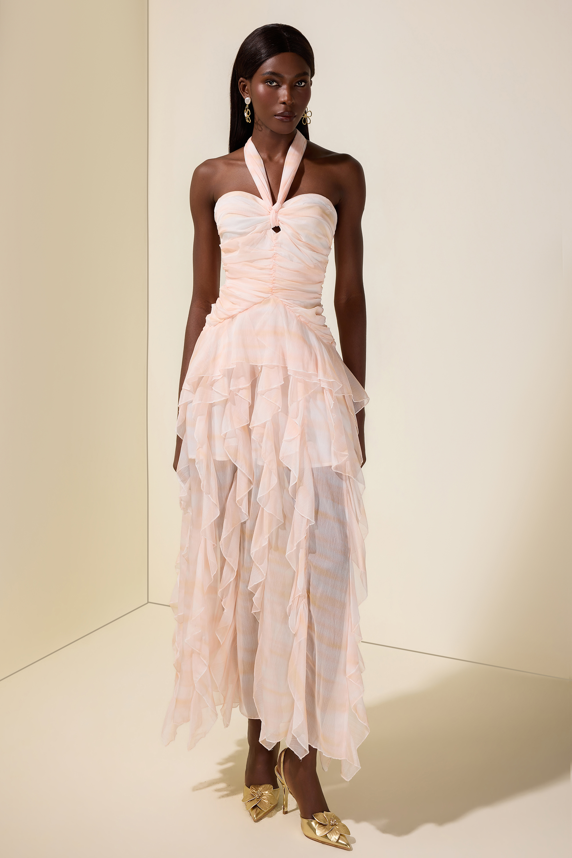 Tie Dye Halter Neck Ruffle Maxi Dress