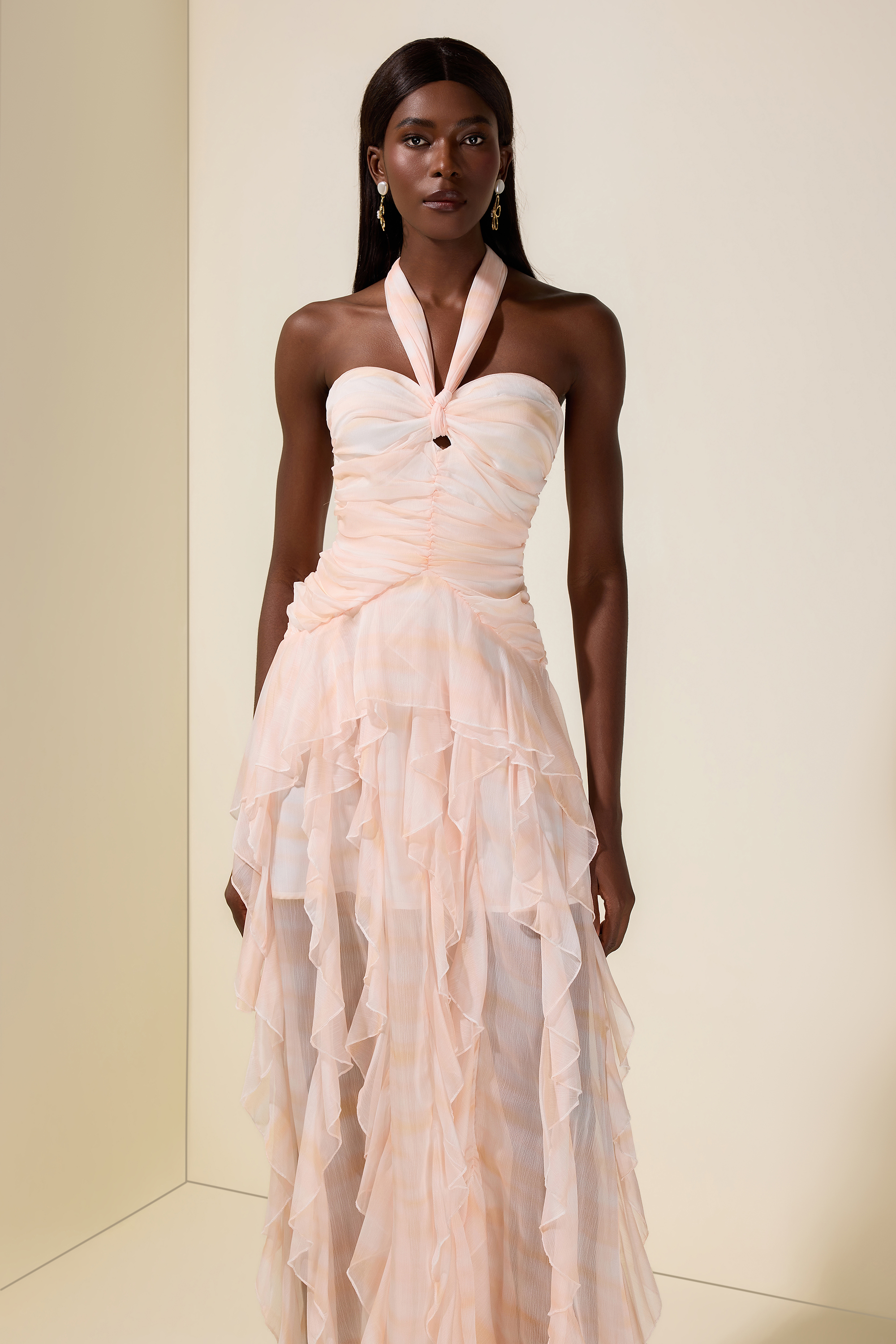 Tie Dye Halter Neck Ruffle Maxi Dress