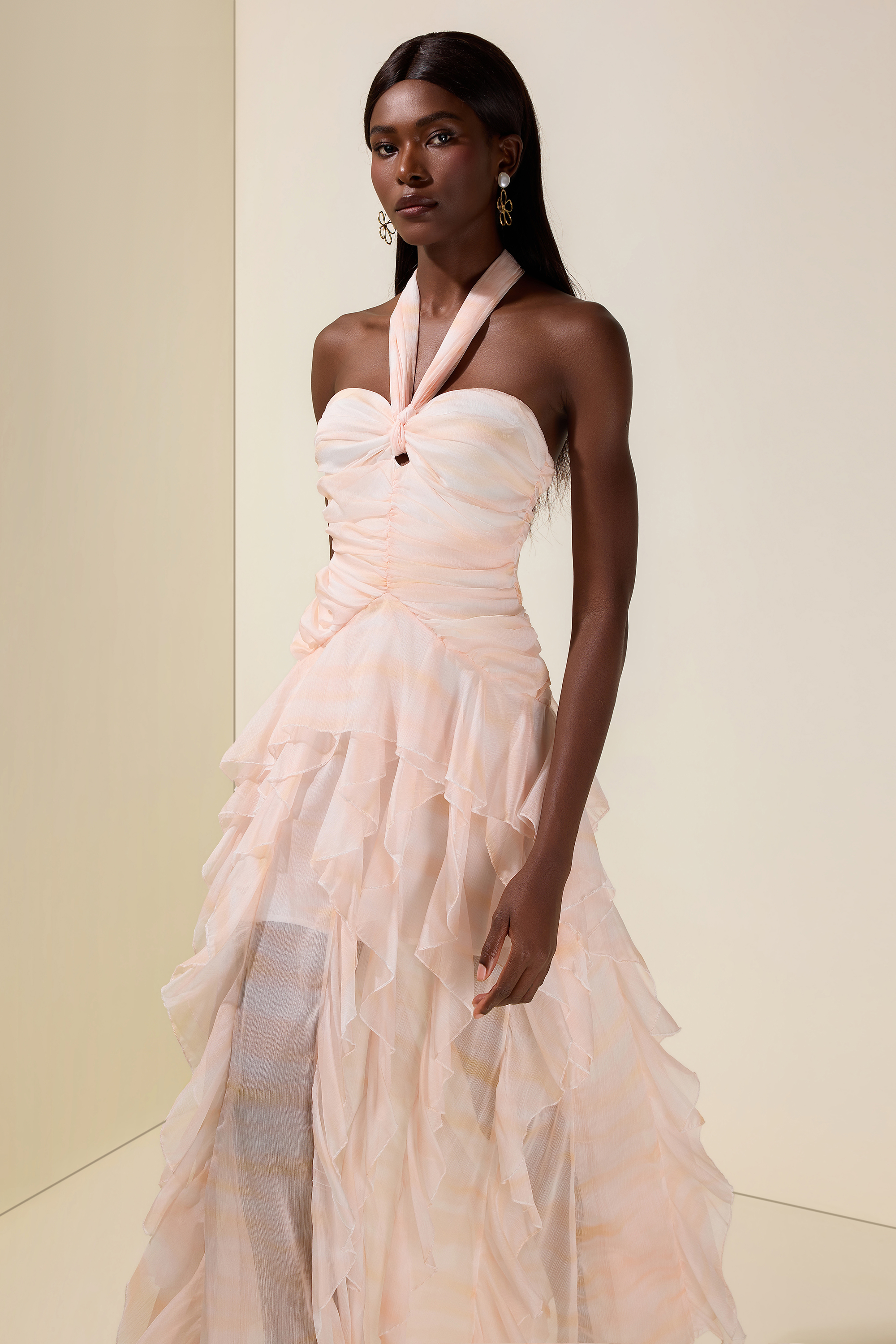 Tie Dye Halter Neck Ruffle Maxi Dress