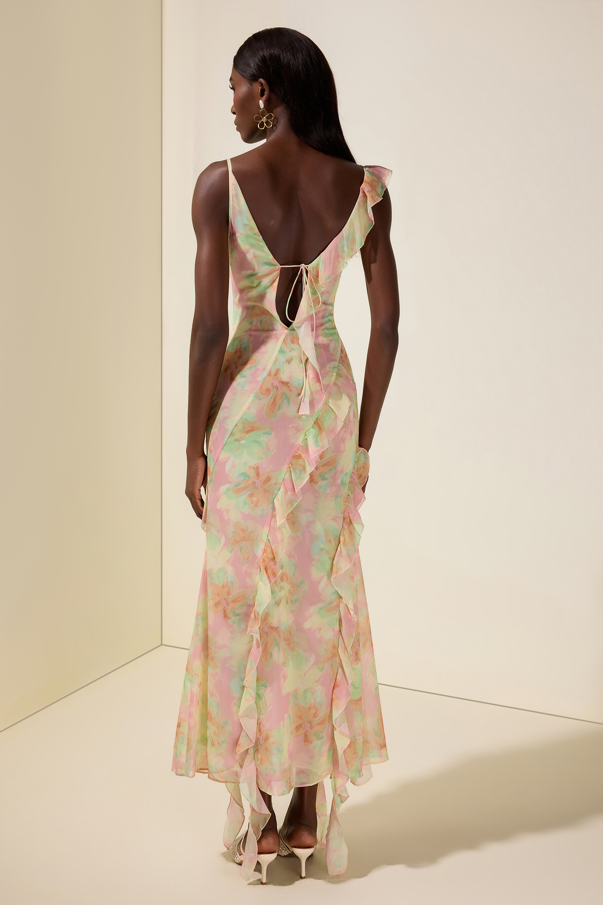 Tie Dye Ruffle Tie-Up Midi Dress