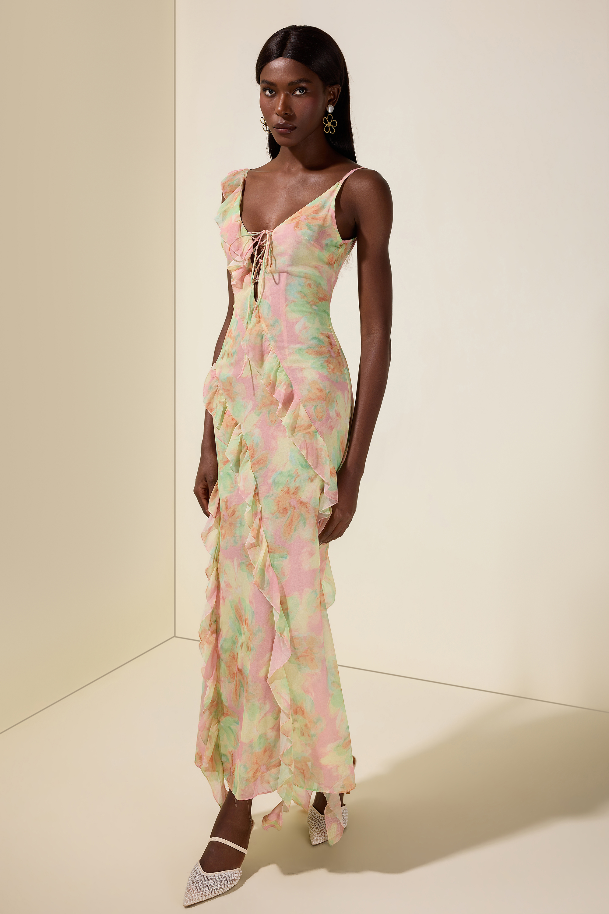 Tie Dye Ruffle Tie-Up Midi Dress