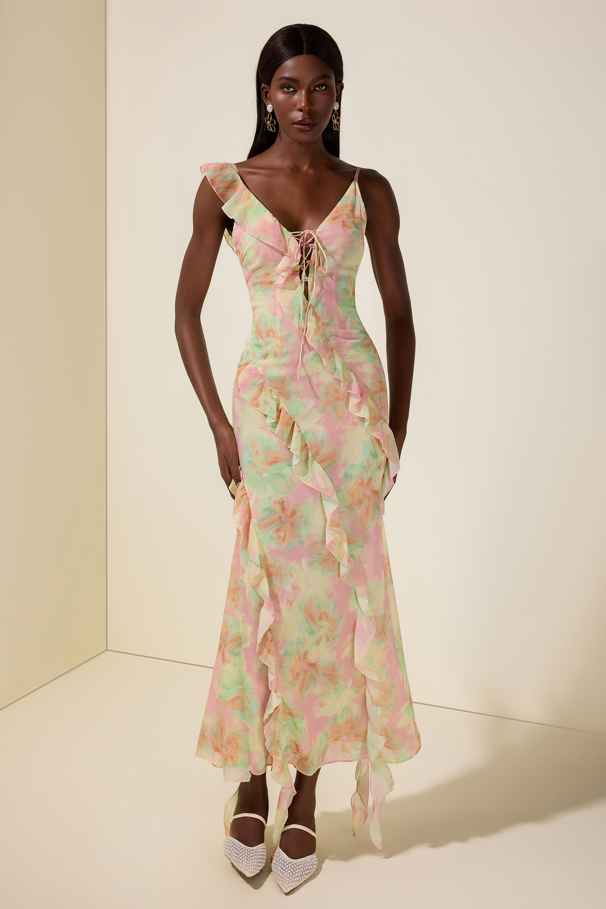 Tie Dye Ruffle Tie-Up Midi Dress