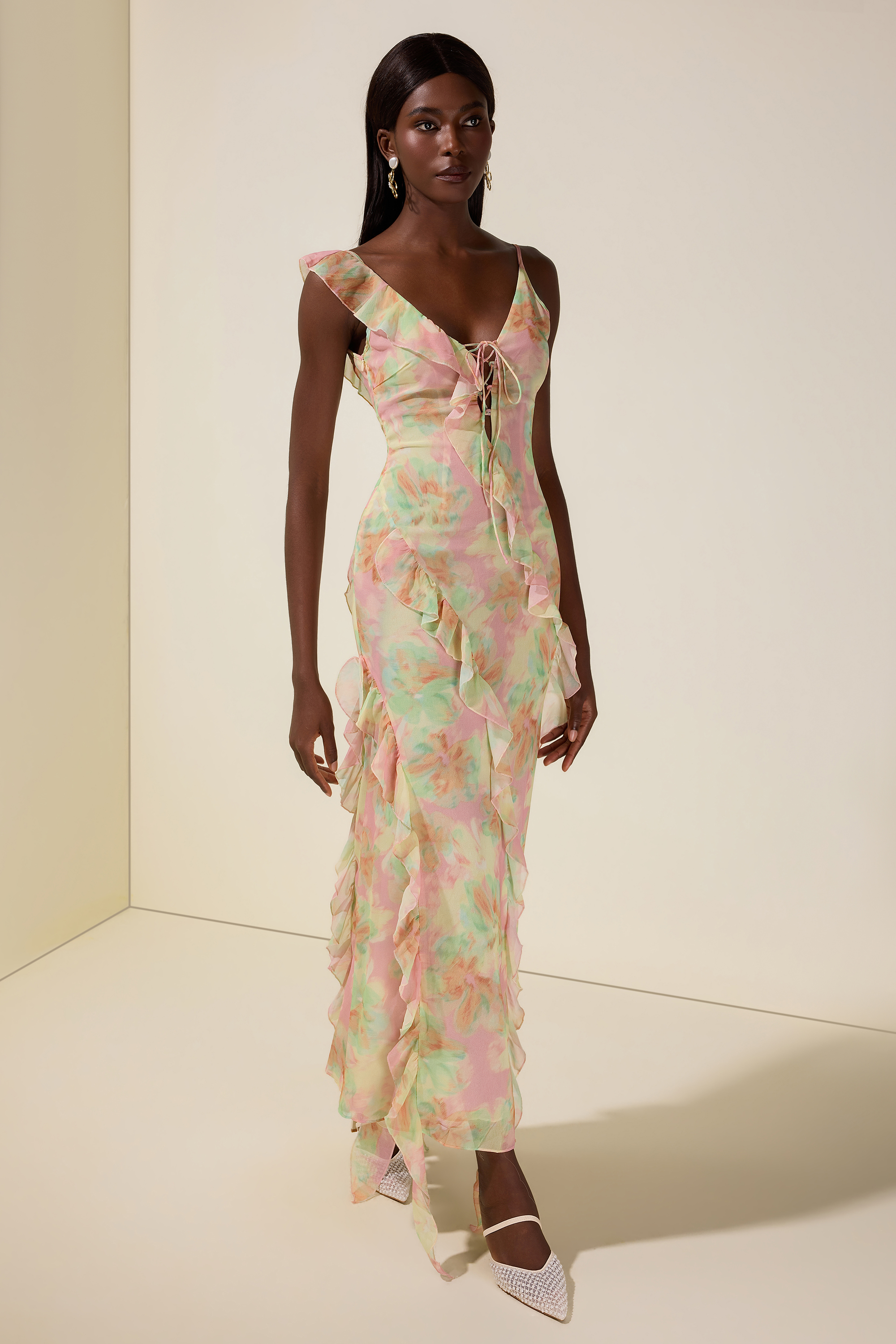Tie Dye Ruffle Tie-Up Midi Dress