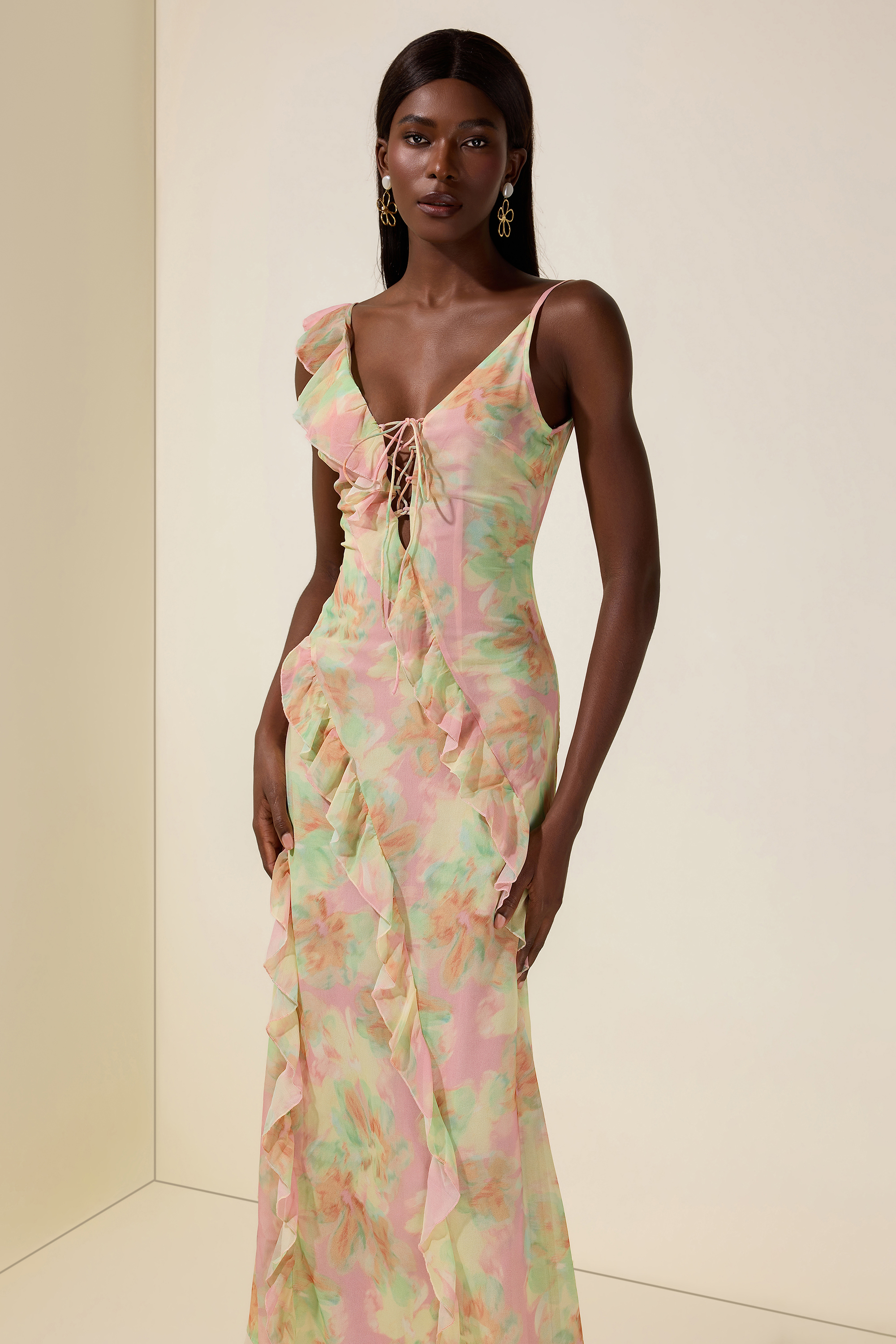 Tie Dye Ruffle Tie-Up Midi Dress