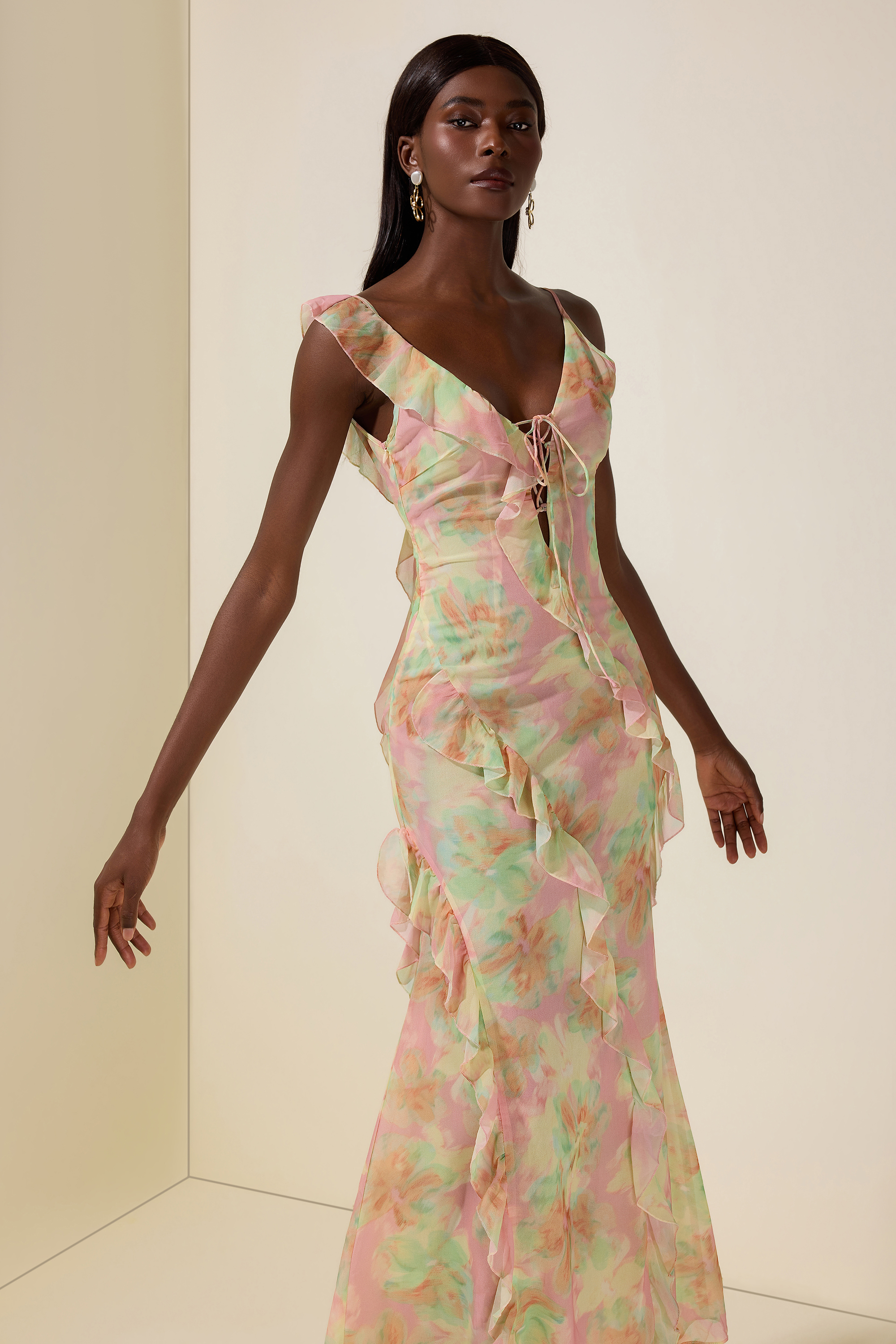 Tie Dye Ruffle Tie-Up Midi Dress