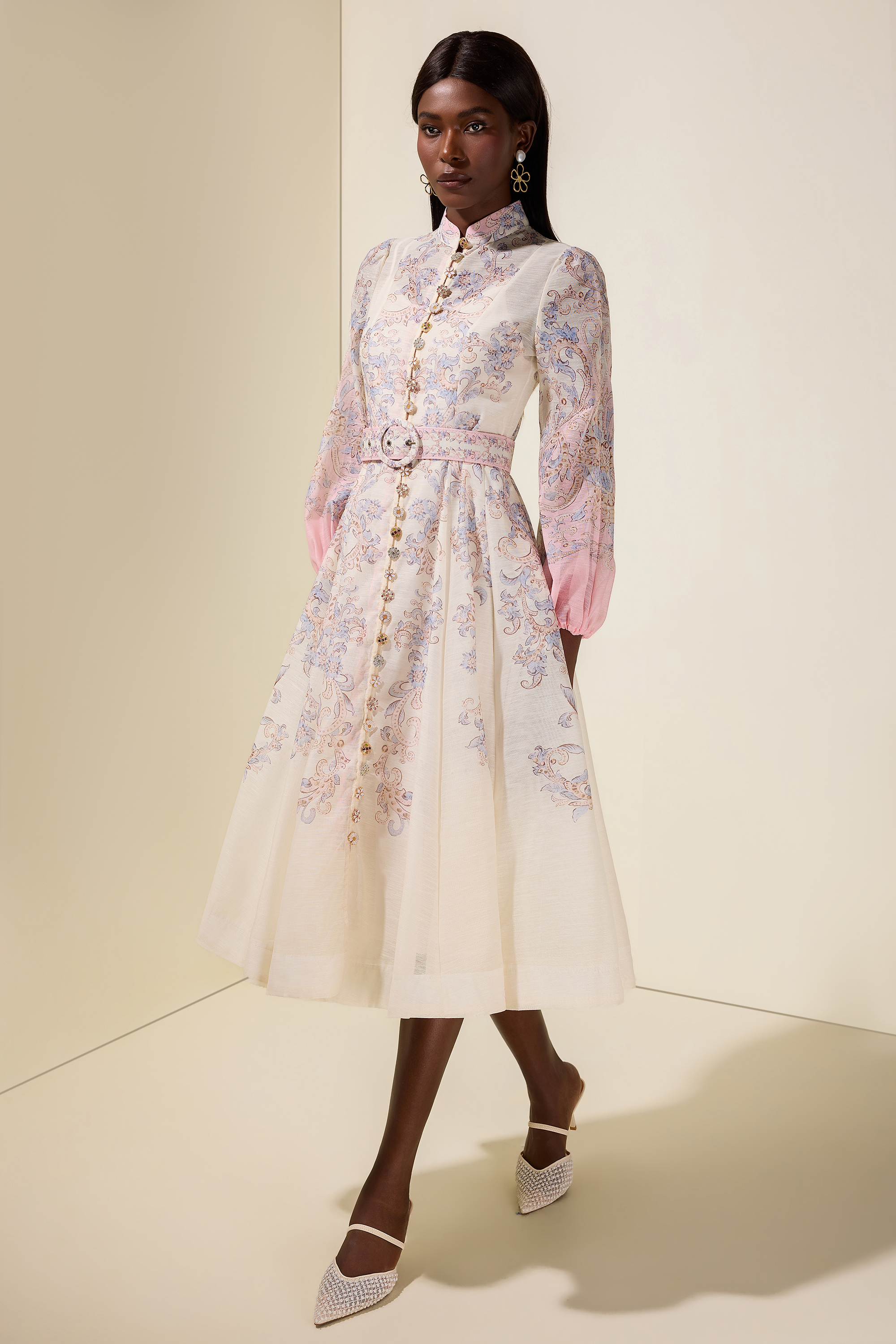 Paisley Print Button Midi Dress With Belt