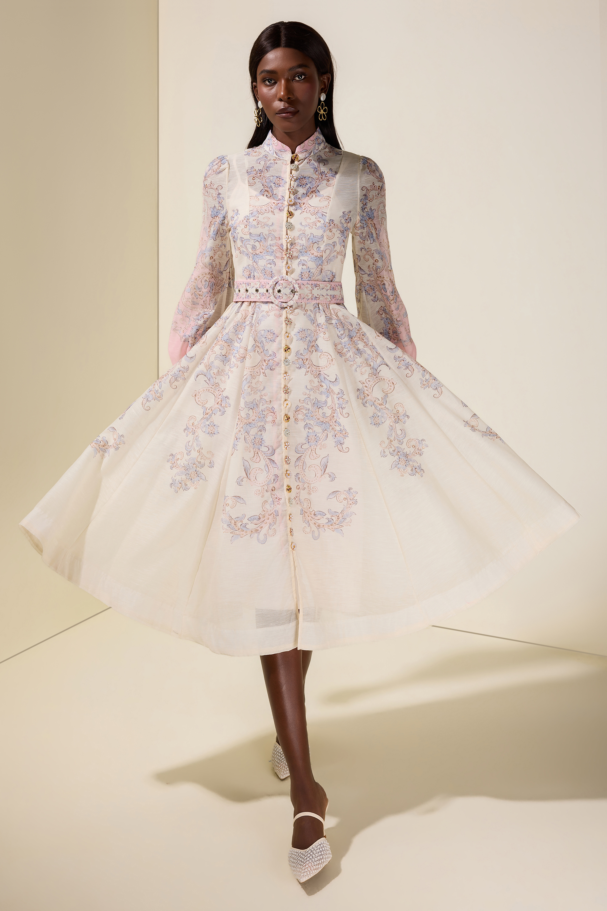 Paisley Print Button Midi Dress With Belt