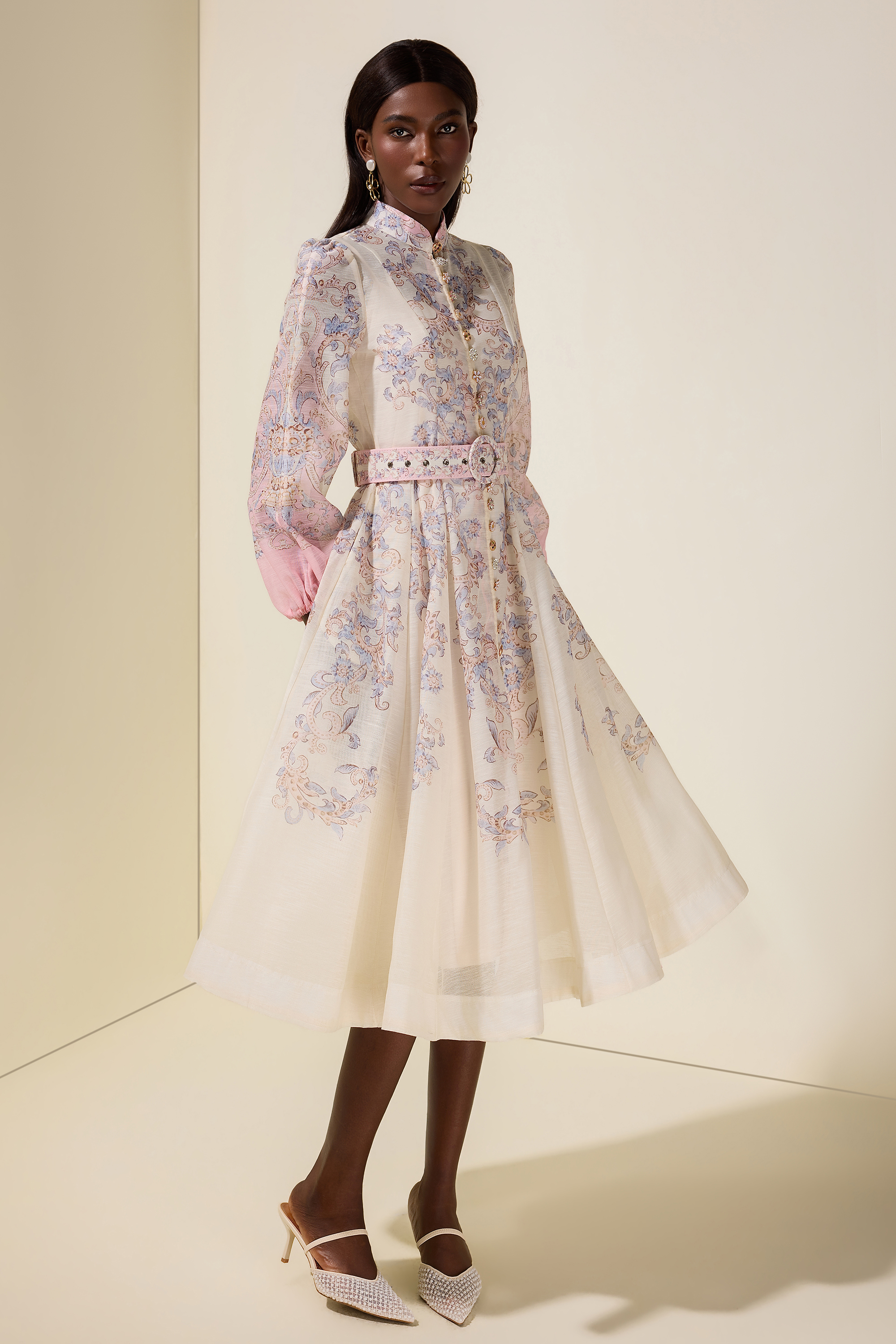 Paisley Print Button Midi Dress With Belt