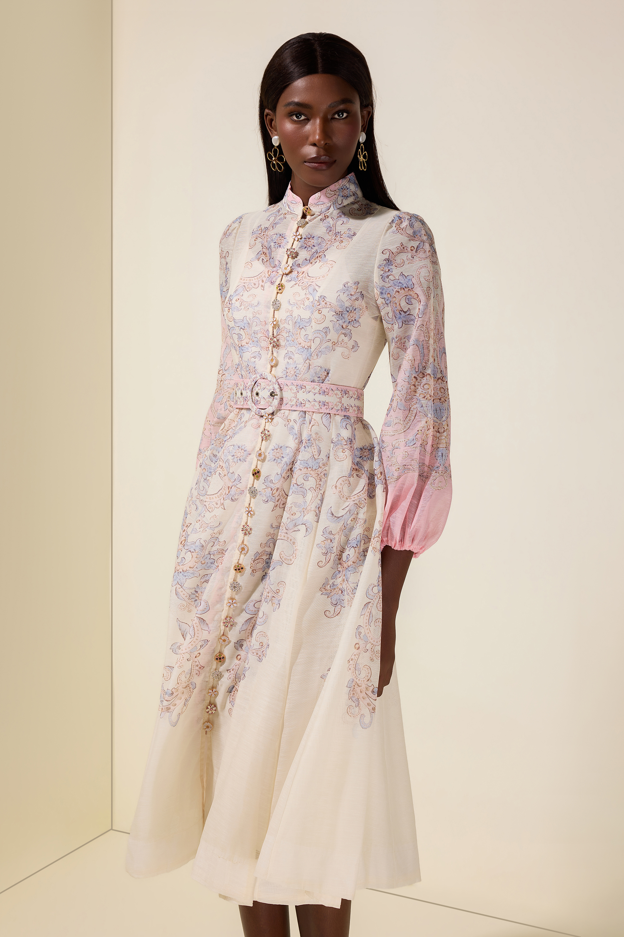 Paisley Print Button Midi Dress With Belt