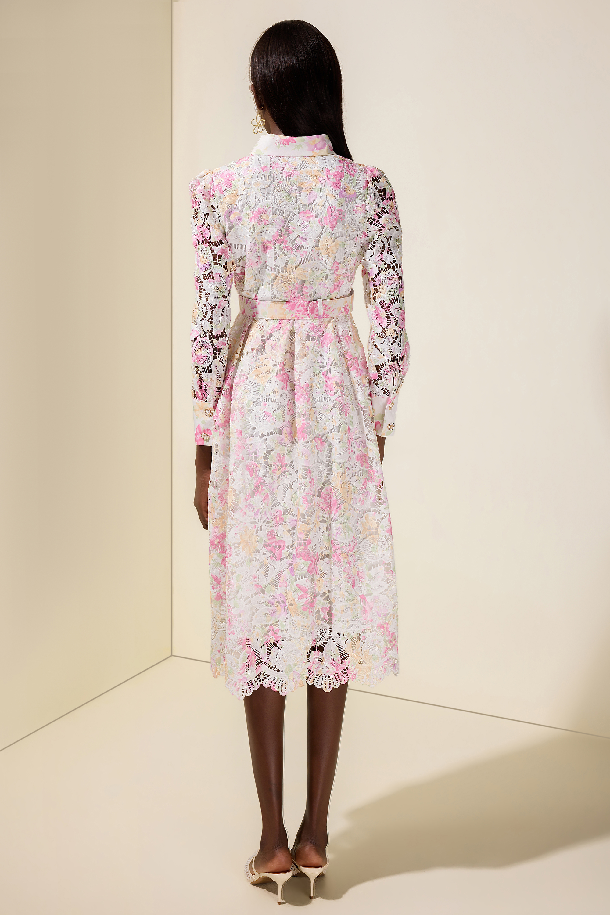 Lace Floral Single Breasted Midi Dress With Belt