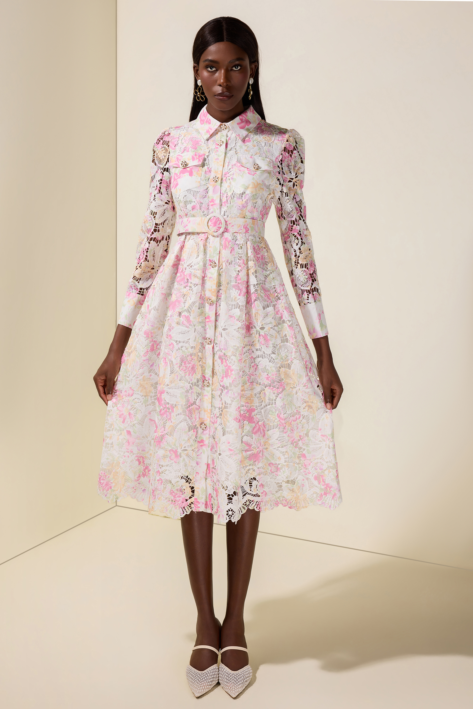 Lace Floral Single Breasted Midi Dress With Belt