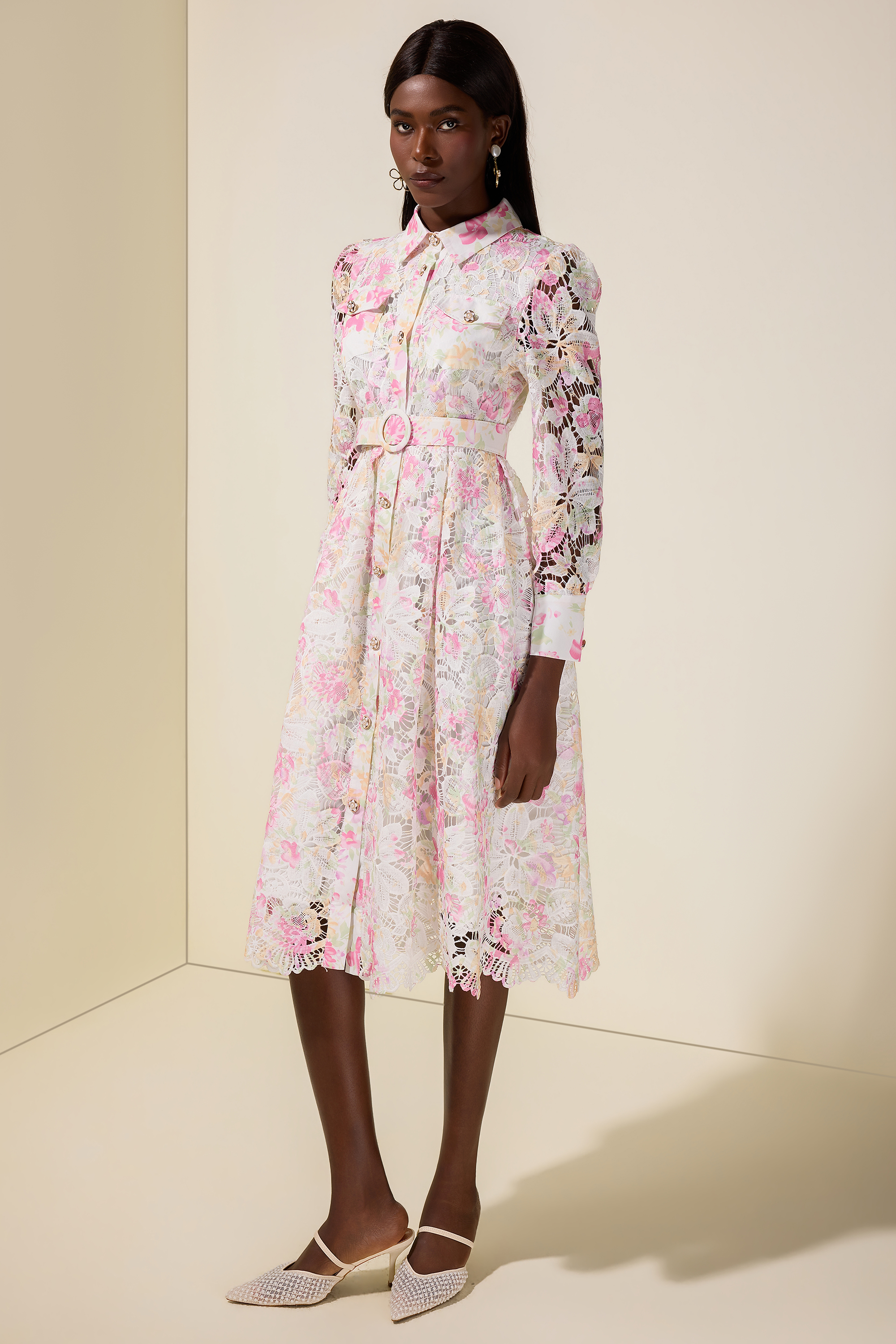 Lace Floral Single Breasted Midi Dress With Belt