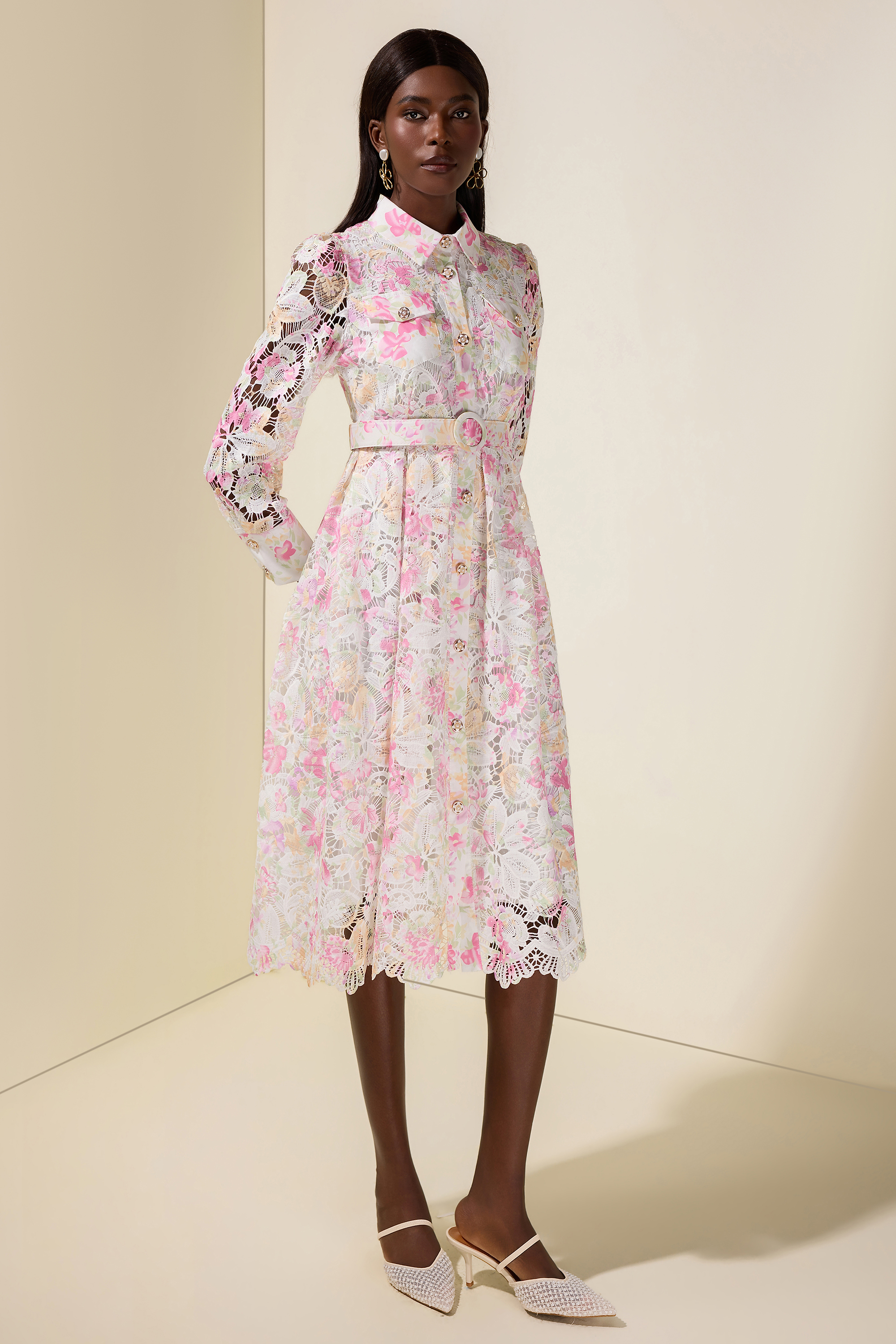 Lace Floral Single Breasted Midi Dress With Belt