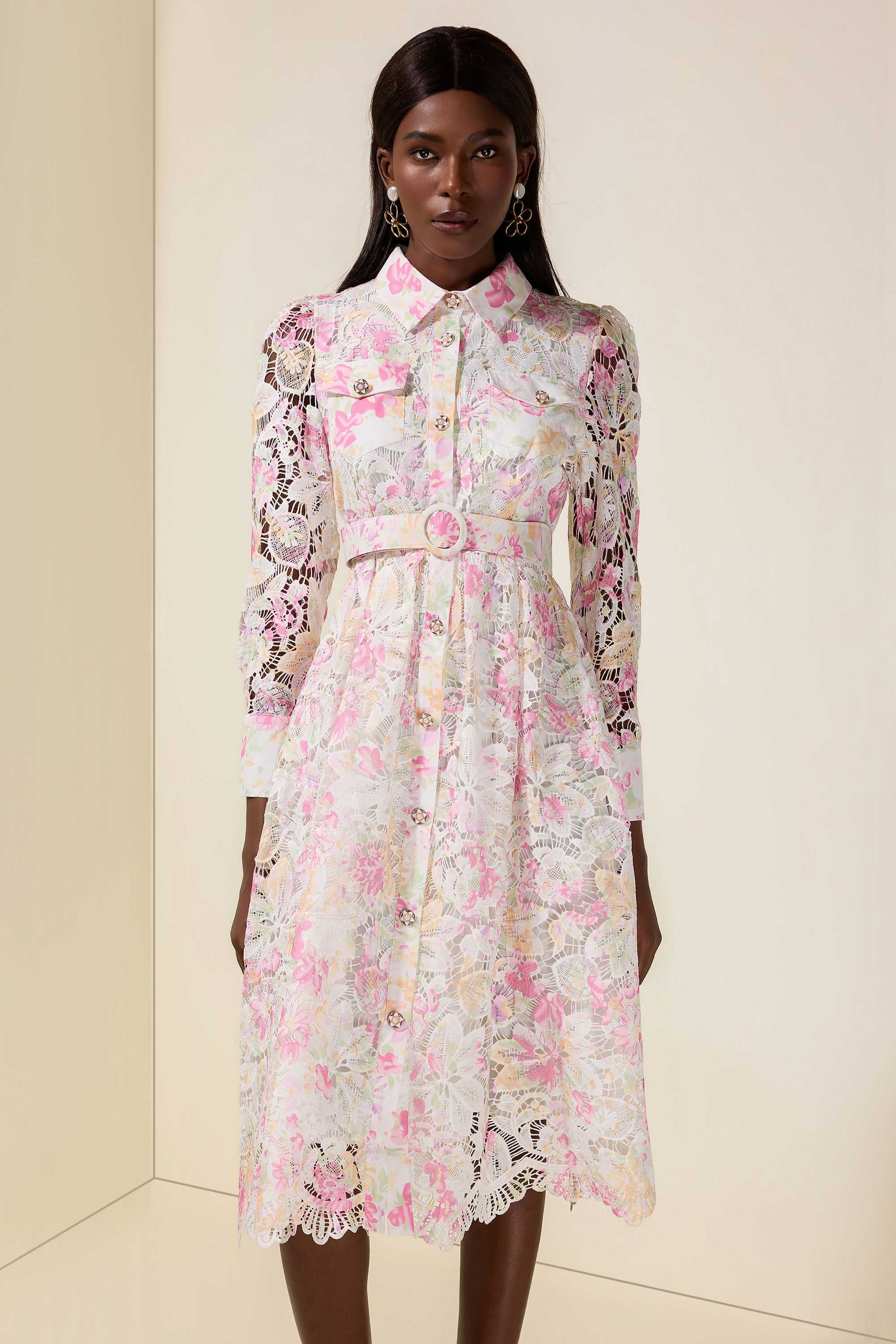 Lace Floral Single Breasted Midi Dress With Belt