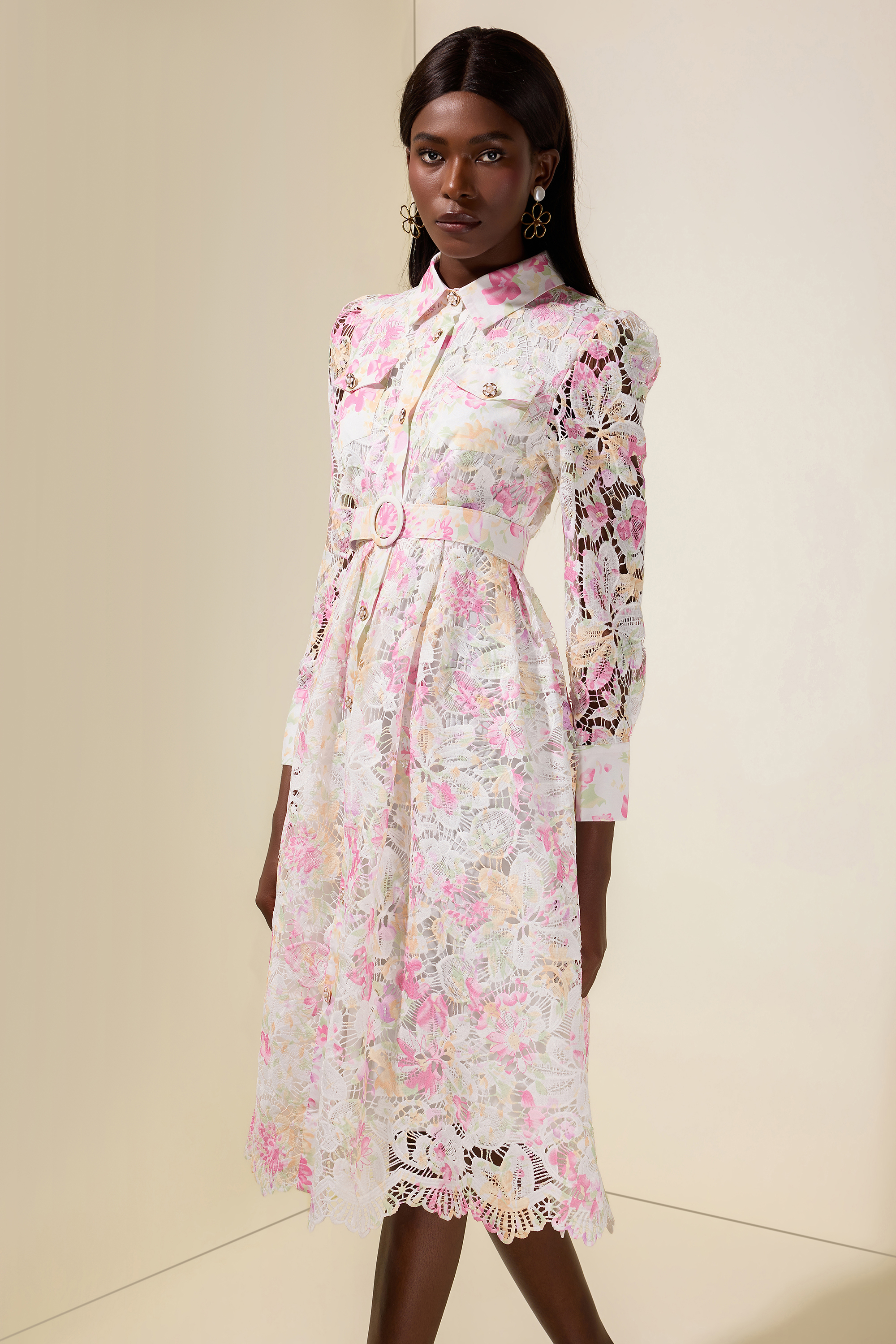 Lace Floral Single Breasted Midi Dress With Belt