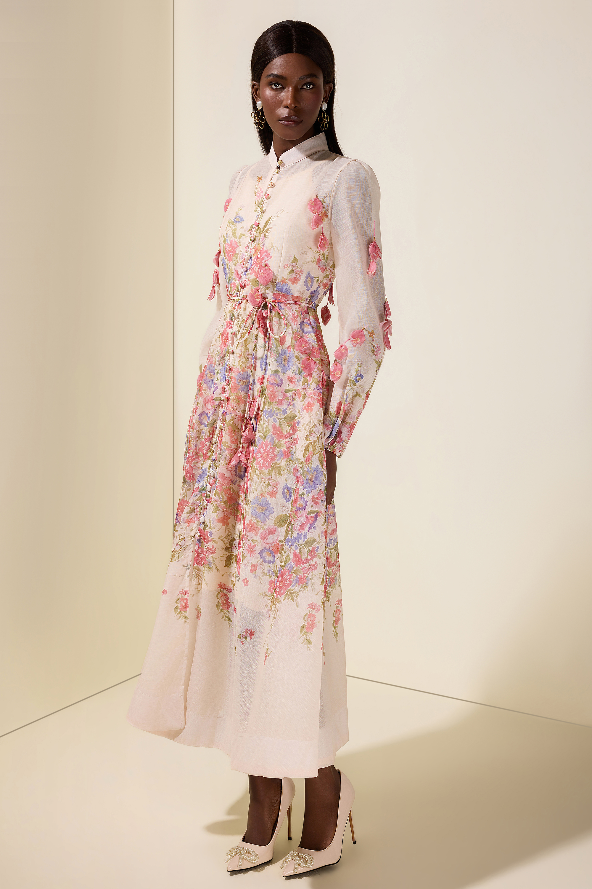 Floral Beaded Single Breasted Maxi Dress