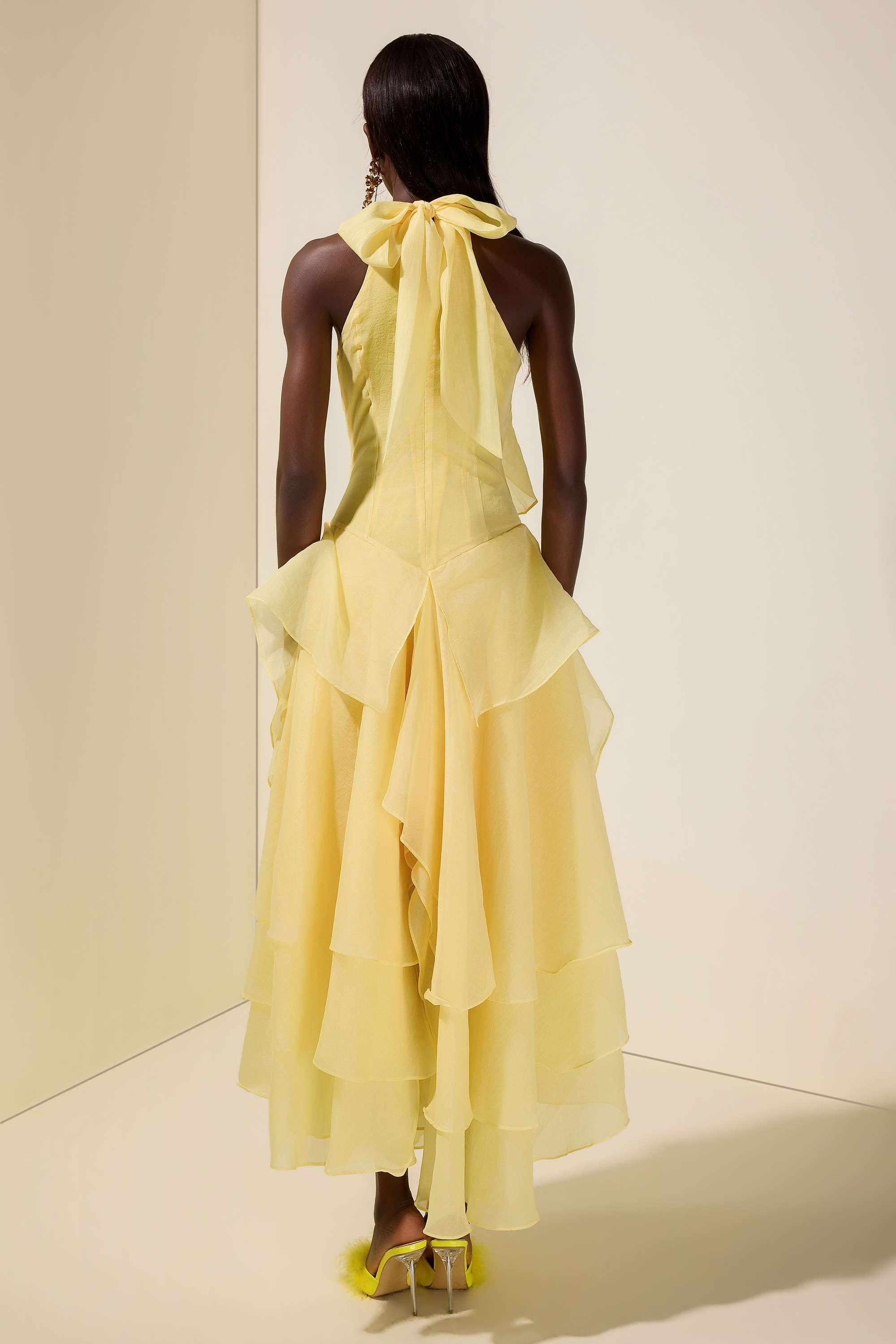 Solid Halter Neck Ruffle Maxi Dress