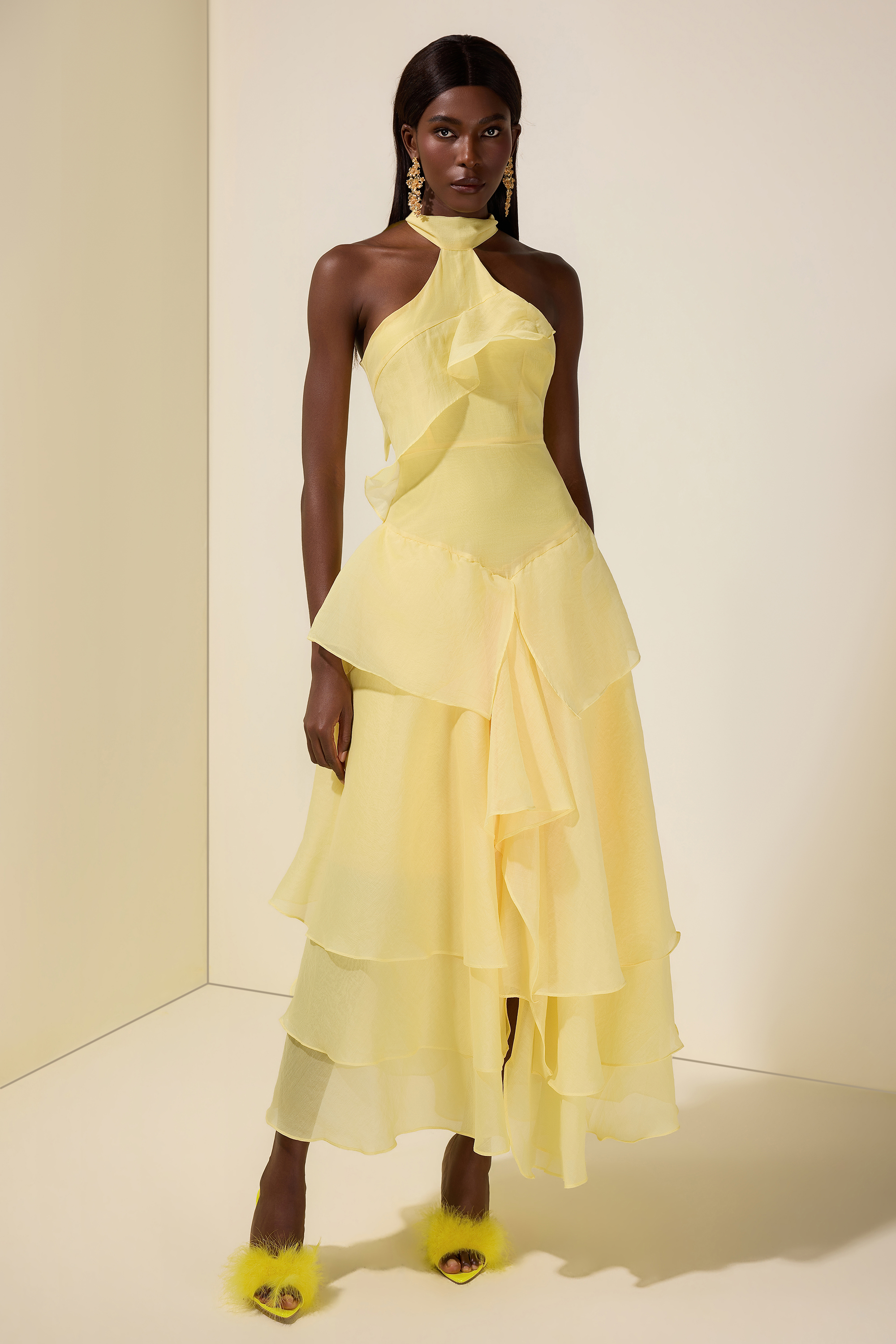 Solid Halter Neck Ruffle Maxi Dress