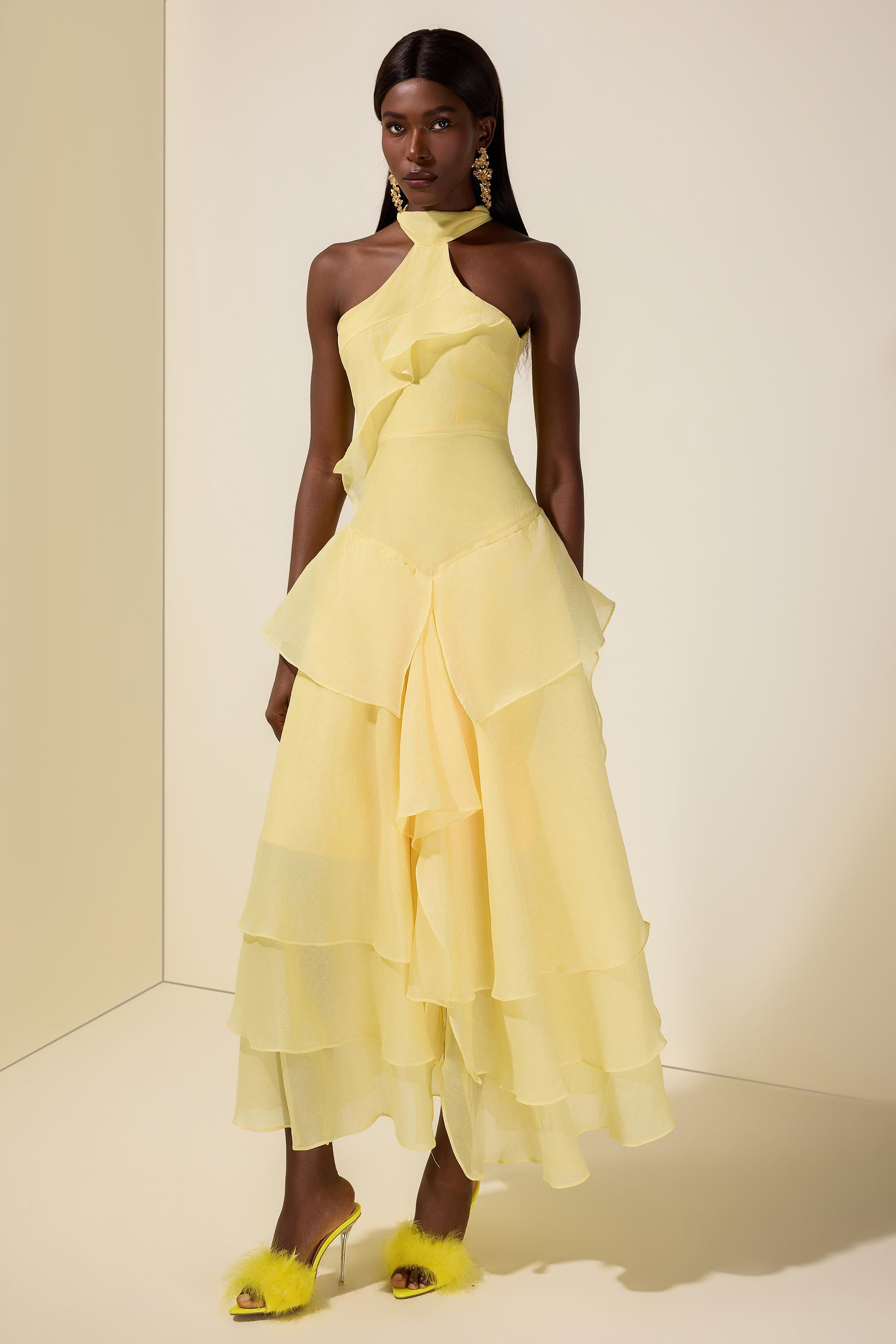 Solid Halter Neck Ruffle Maxi Dress