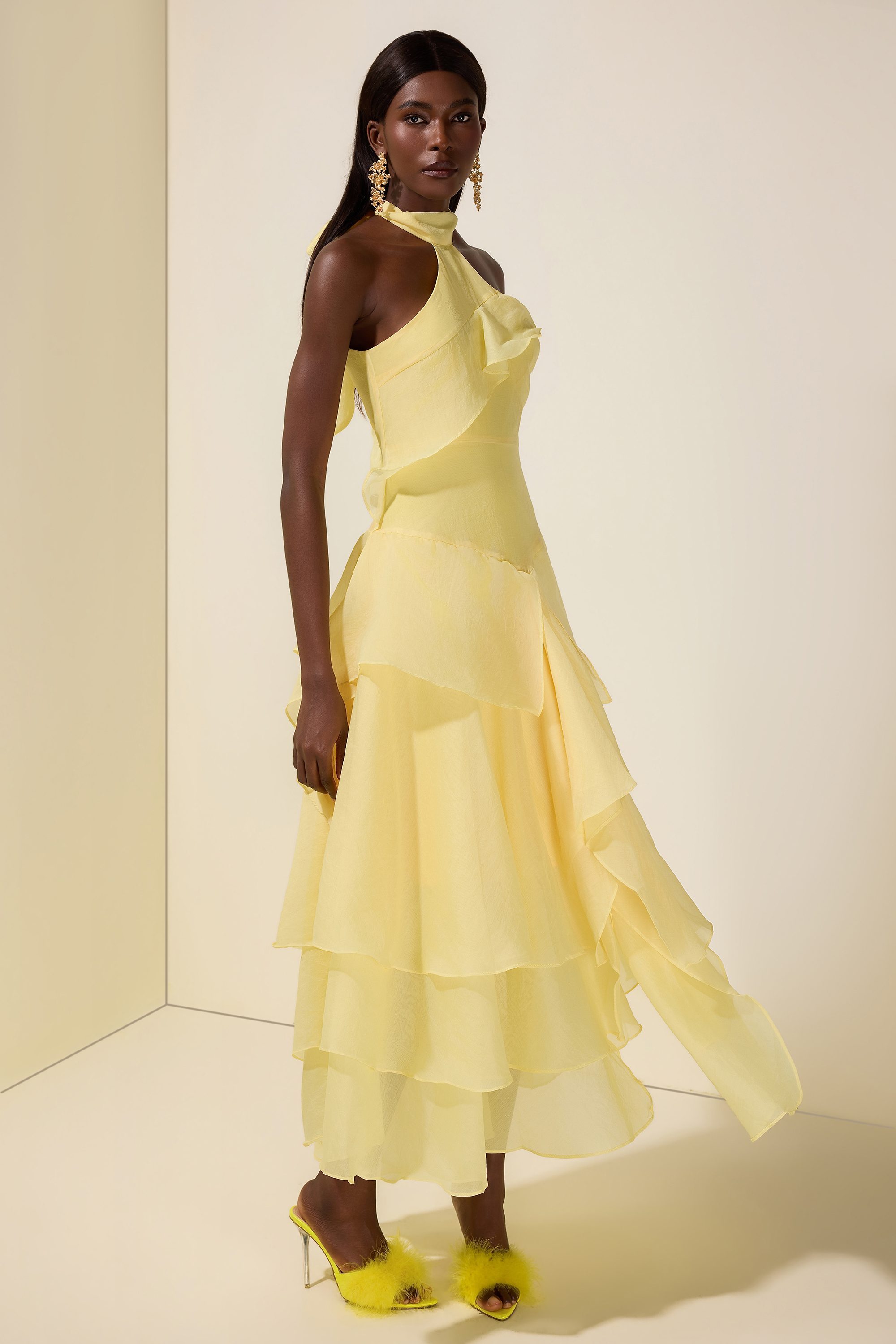 Solid Halter Neck Ruffle Maxi Dress