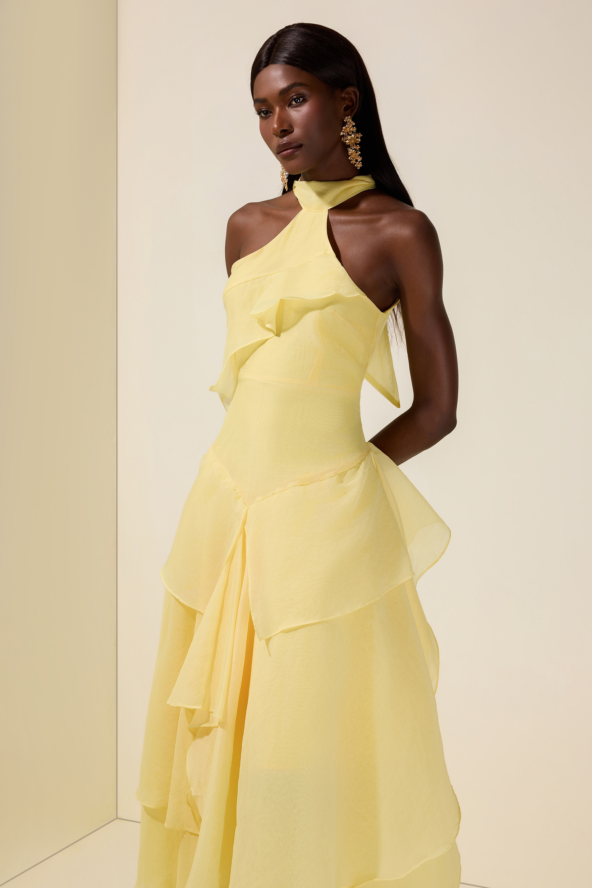 Solid Halter Neck Ruffle Maxi Dress