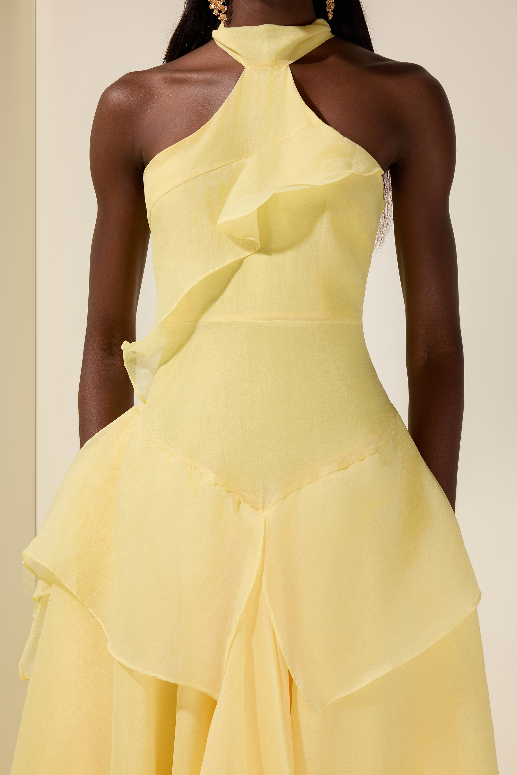 Solid Halter Neck Ruffle Maxi Dress