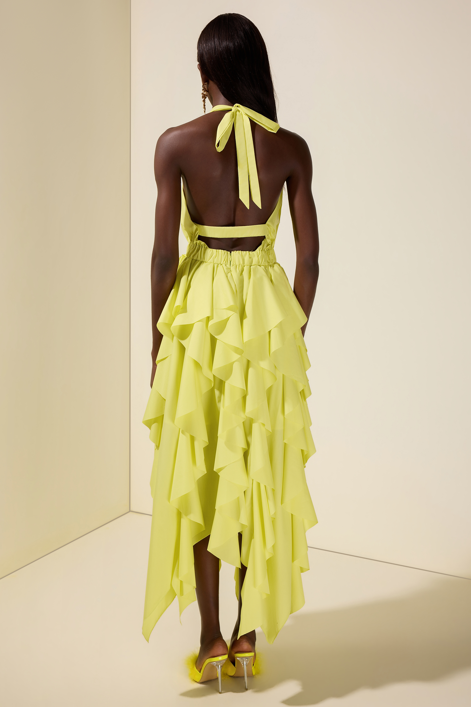 Solid Halter Neck Ruffle Maxi Dress