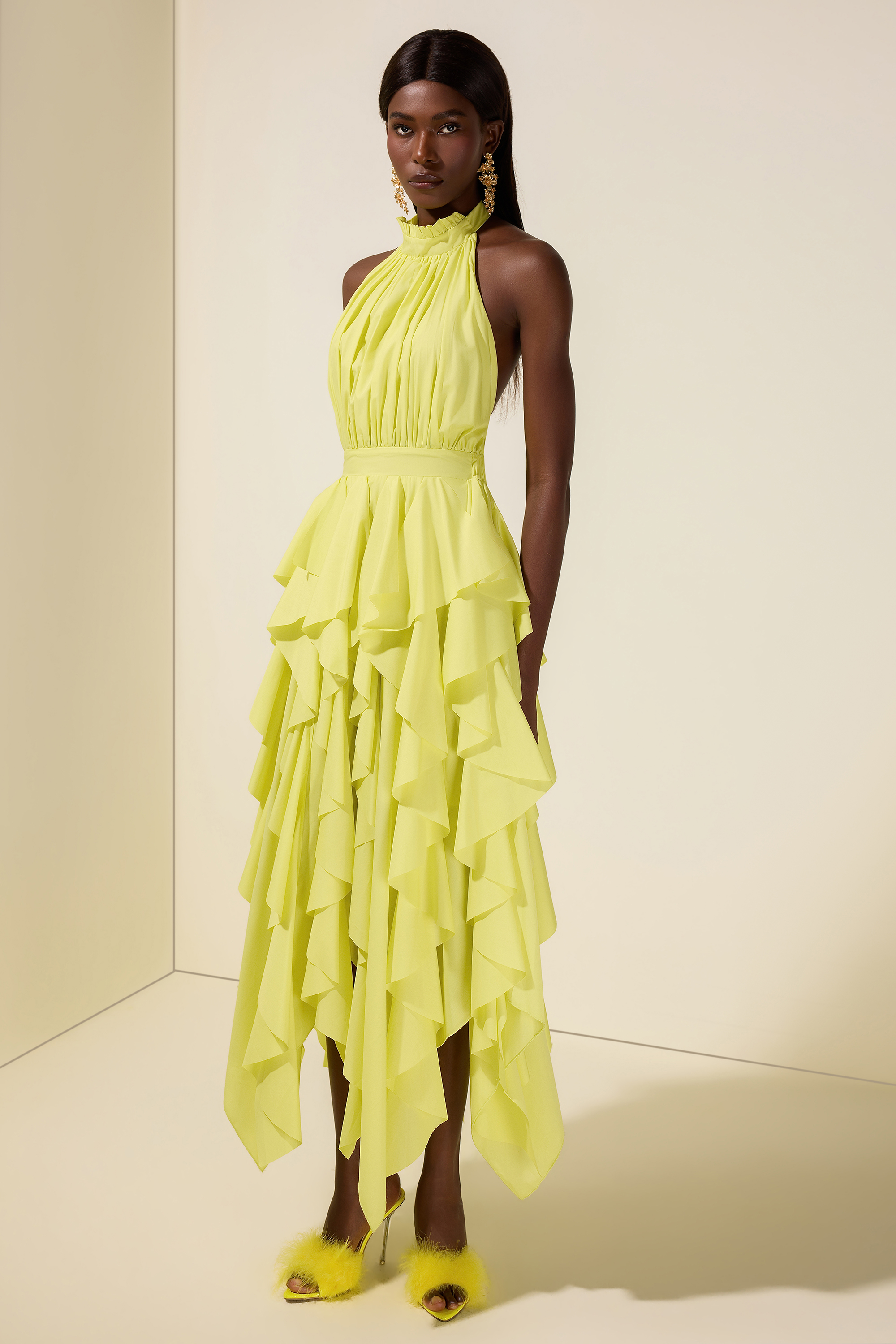 Solid Halter Neck Ruffle Maxi Dress