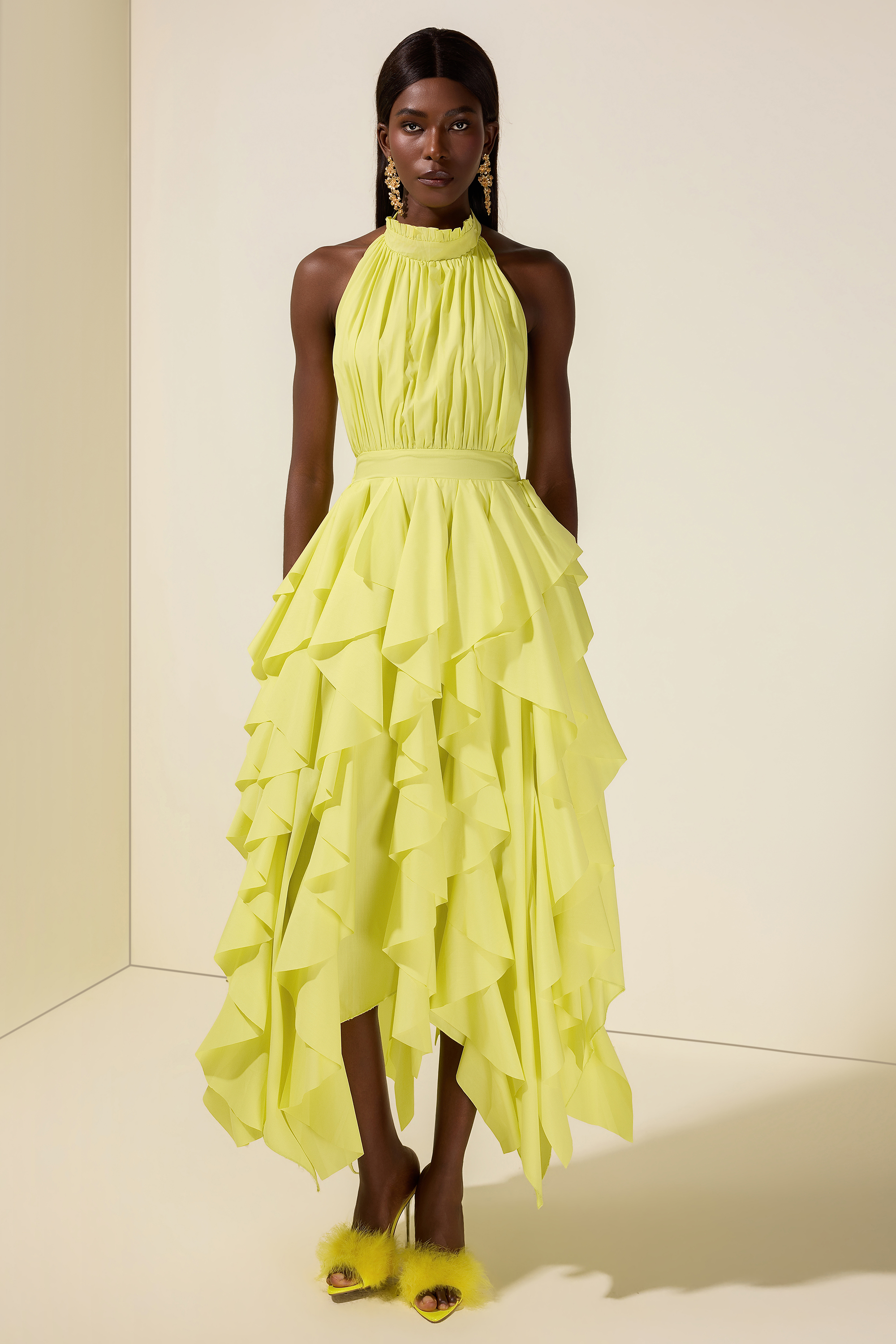 Solid Halter Neck Ruffle Maxi Dress