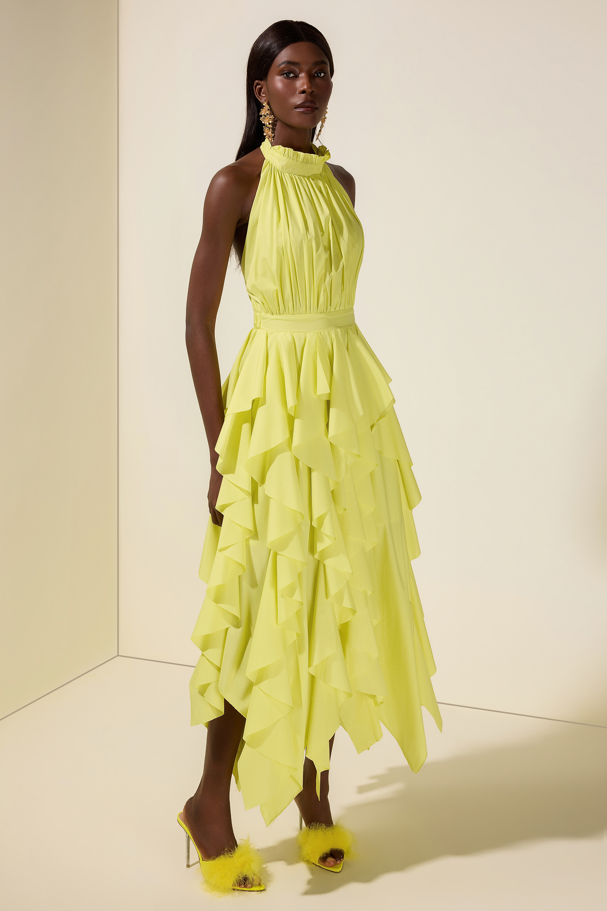 Solid Halter Neck Ruffle Maxi Dress