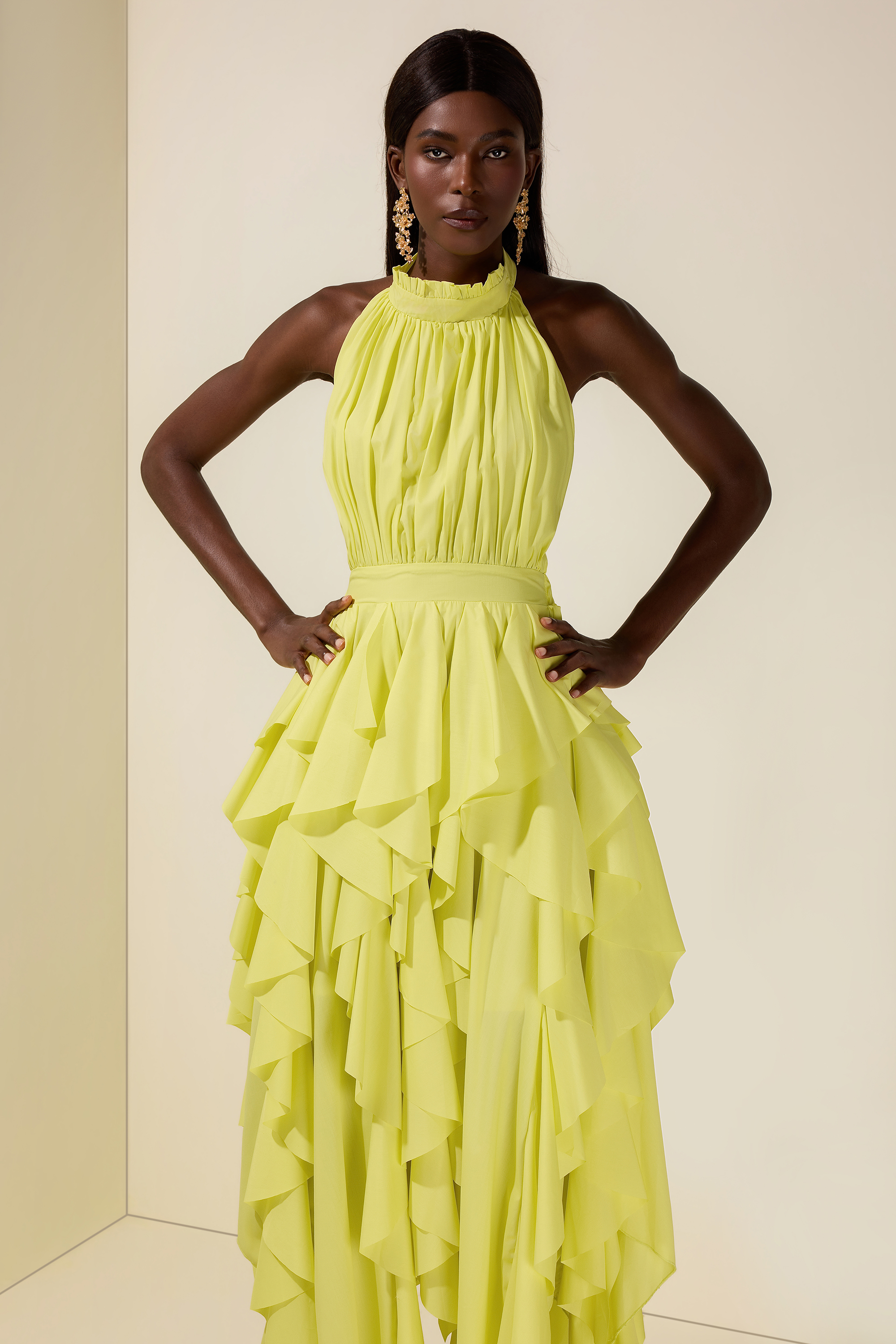 Solid Halter Neck Ruffle Maxi Dress