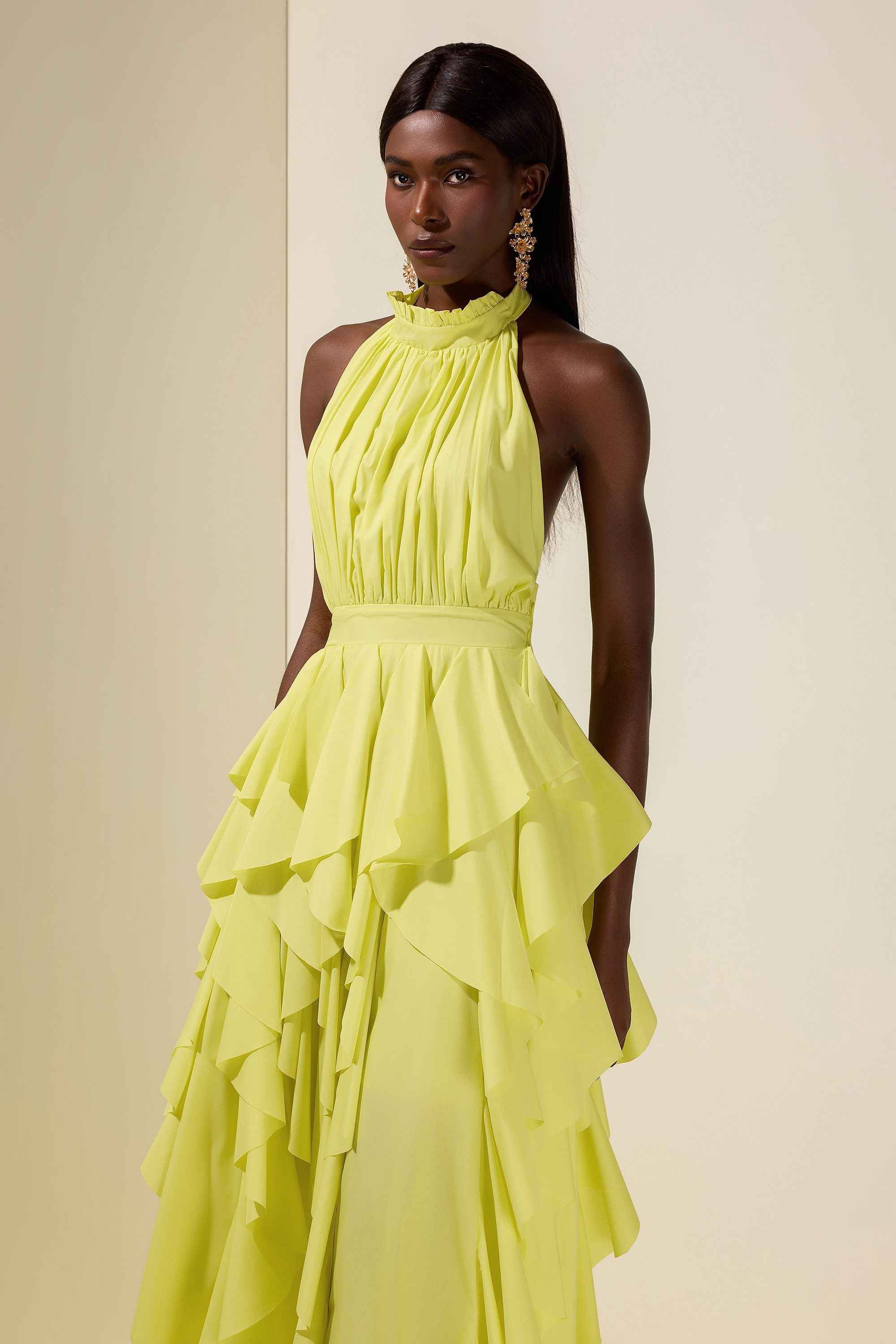 Solid Halter Neck Ruffle Maxi Dress