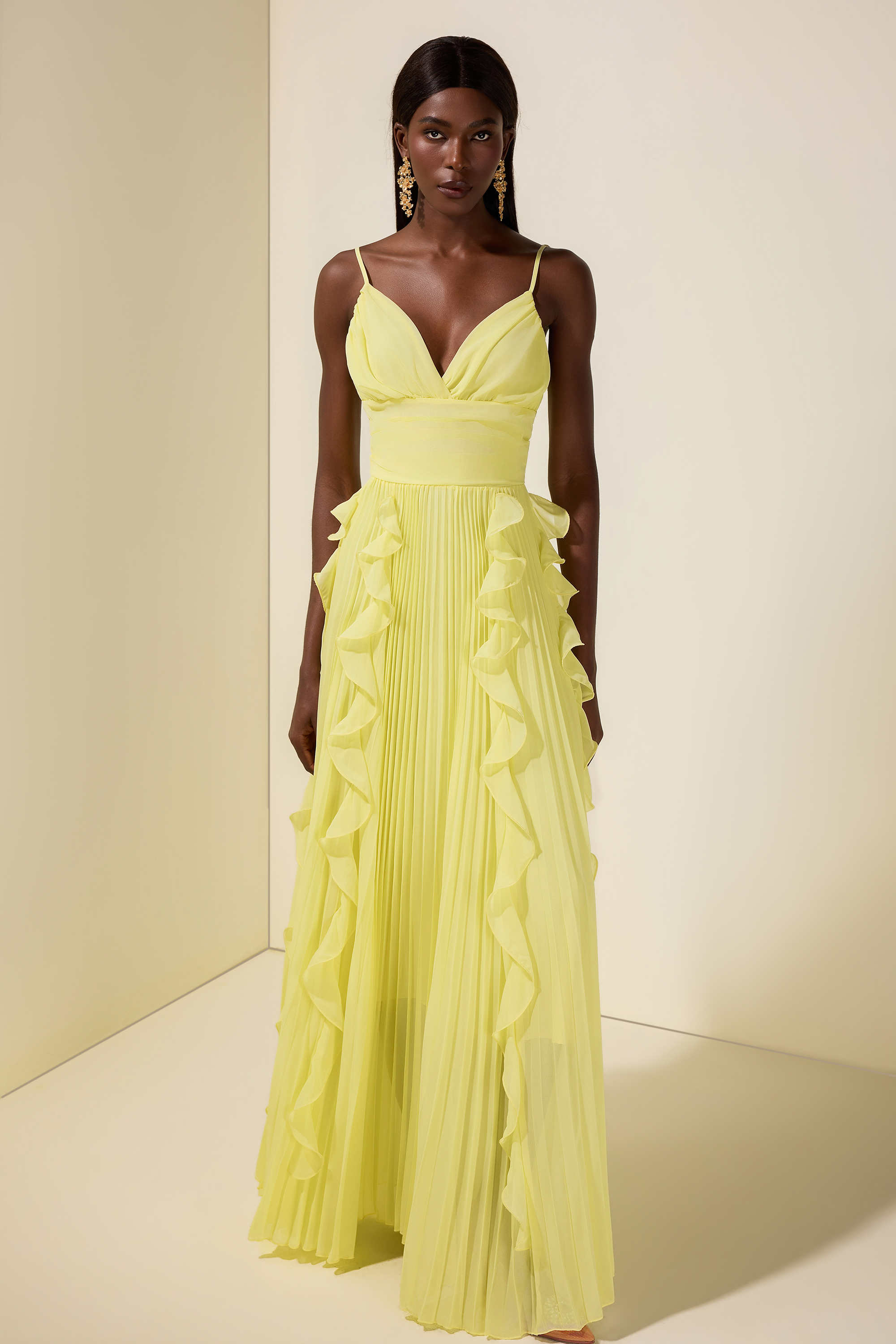 Chiffon Frill Pleated Maxi Dress