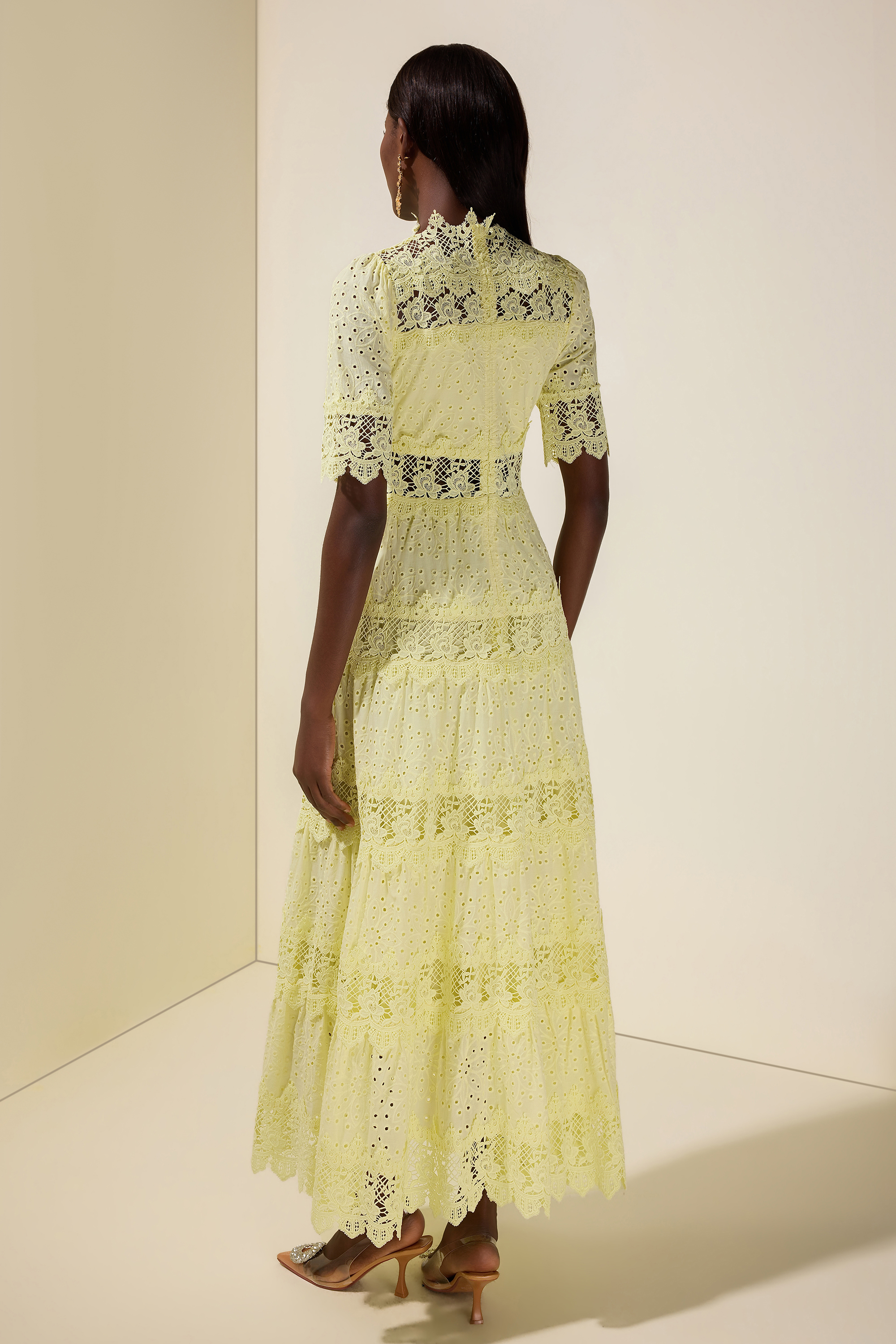 Lace Embroidered Stand Collar Midi Dress