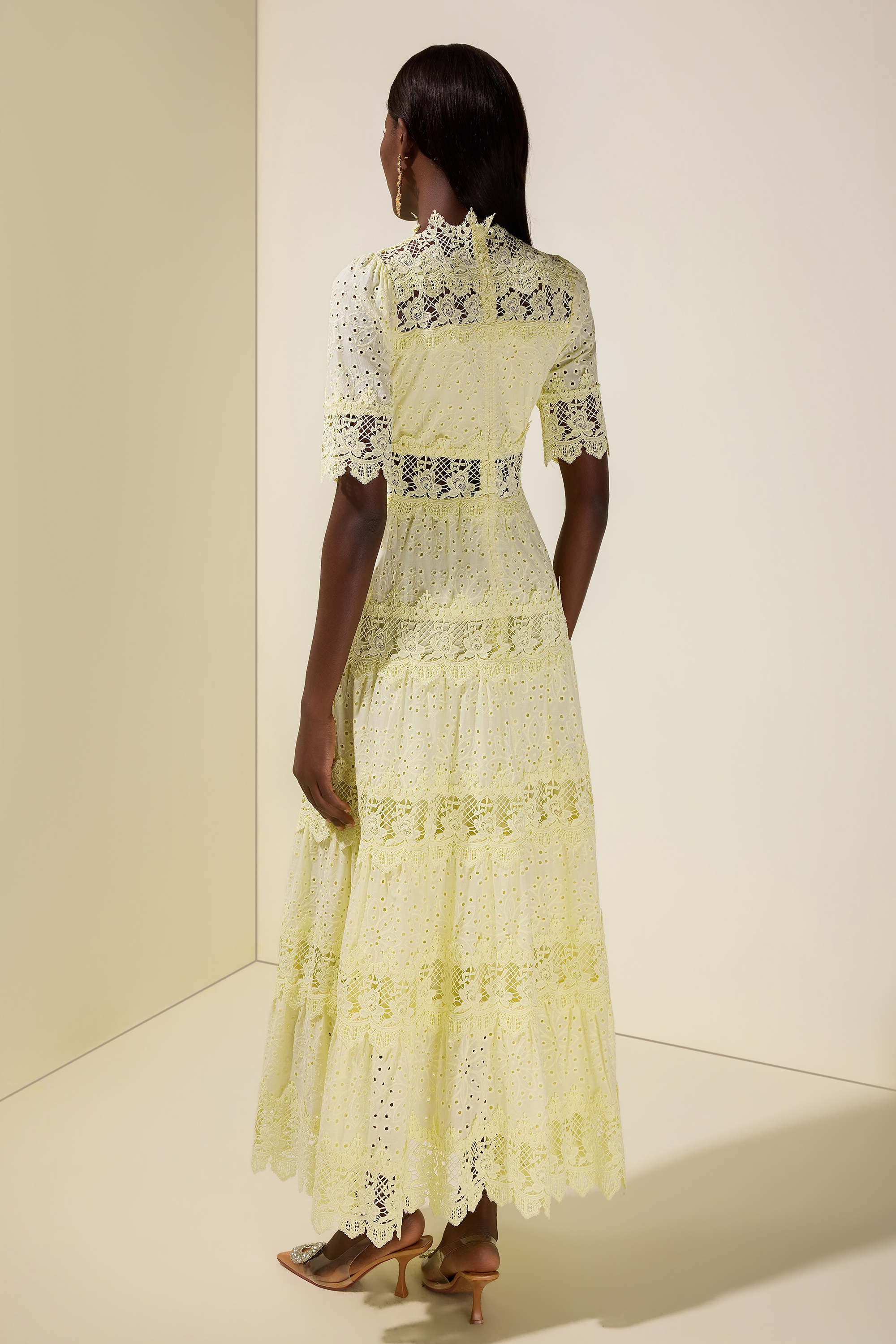 Lace Embroidered Stand Collar Midi Dress